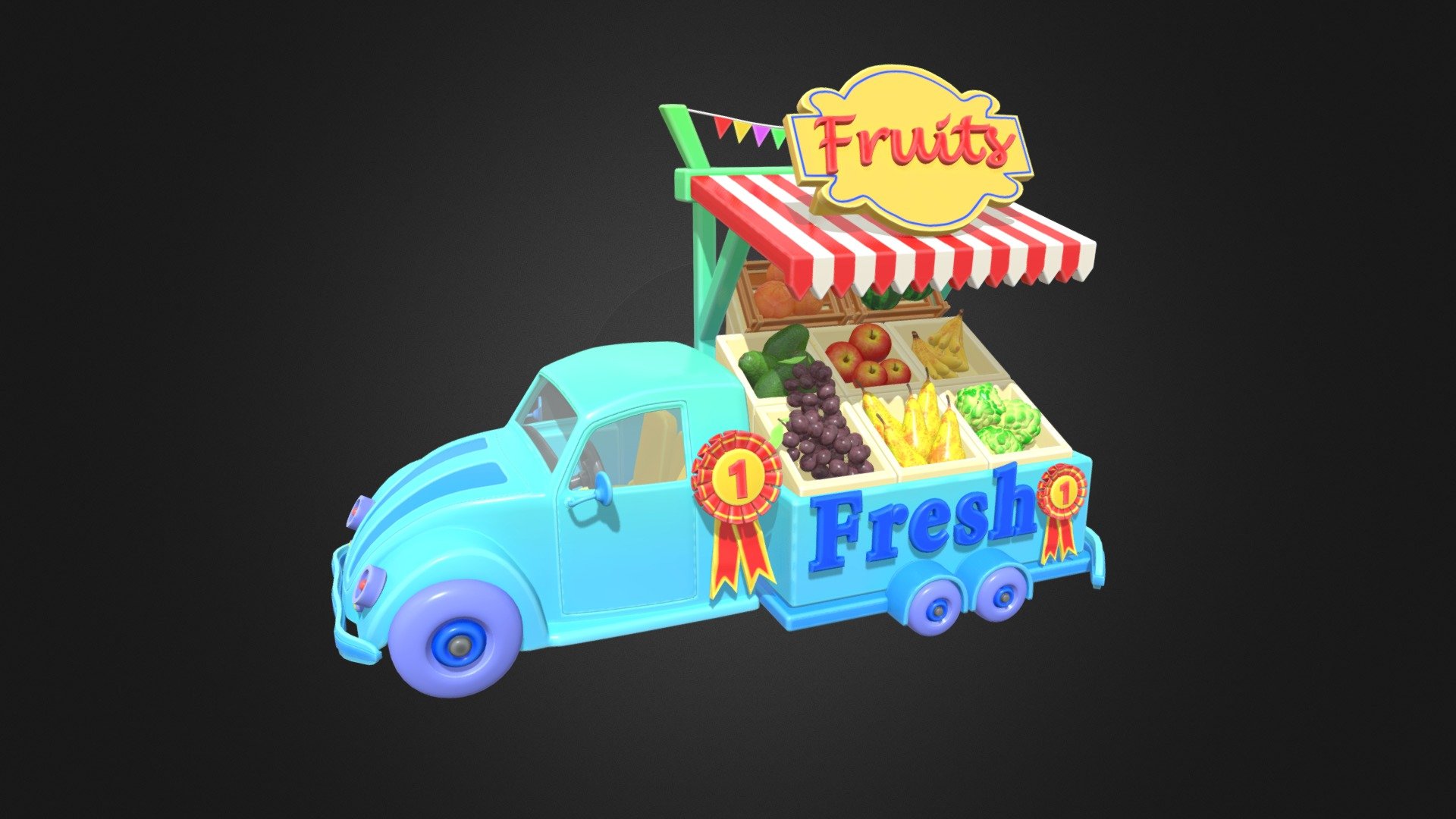 *Description

-3d model of Food Fresh Fruits Car
-This 3D model is best for use in games.
-The model is equipped with all required PBR textures.
-Model is built with great attention to details and realistic proportions with correct geometry.
-Textures are very detailed so it makes this model good enough for close-up.

*Technical details:

-Full PBR textures sets. 
-The model is divided into few manys object.
-Model is completely unwrapped.
-Model is fully textured with all -materials applied.
-Pivot points are correctly placed to suit optional animation process.
-Model scaled to approximate real world size (centimeters).
-All nodes, materials and textures are appropriately named.

*Available file formats:

-Maya files and example render scenes.(packed and regular-unpacked)
-Maya (.ma)
-3ds Max 2018 (.max)
-Autodesk FBX (.fbx)
-OBJ (.obj)

*Additional Info:

-This model is not intended for 3D printing 3d model