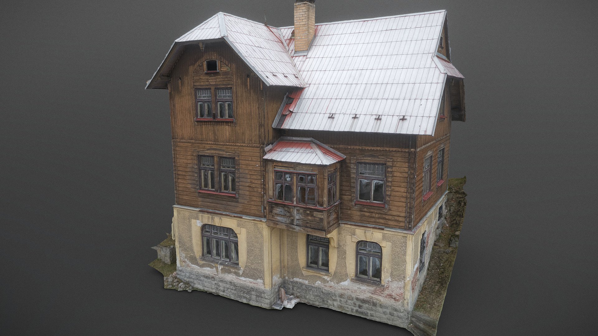 Historic old 19th 20th century ruined derelict abandoned house building wood-panelled wood covered lined facade scene 3D model 

photogrammetry scan (350x36MP), 4x8K texture +HD normals - contact me for source photos or re-exports - Old wood-panelled villa - Buy Royalty Free 3D model by axonite 3d model
