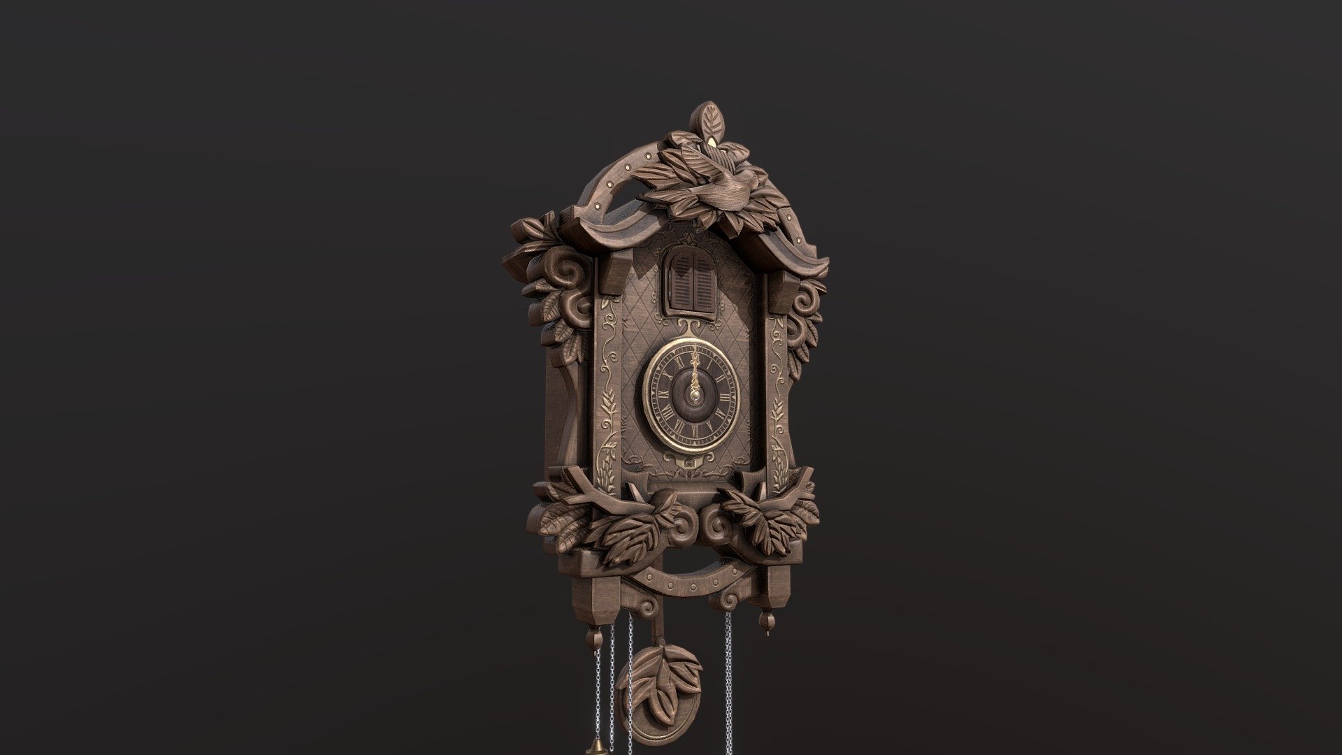 Cuckoo clock with delicate engraving in vintage style.
Wood texture vintage cuckoo clock with two sets of animations:
Pendulum cycle, Cuckoo bird clock strike.

Note: 
It is recommended to use uncompressed textures in the attached file 3d model