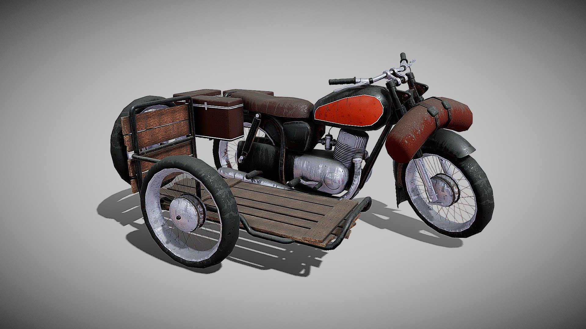 Motorcycle of apocalypse survivors. Ready to use in your survival scenes, both in game scenes and in rendering scenes. The bike is divided into parts for easy animation. Do you want to create a more pronounced stage image? No problem, just add more survival gear to the bike and its sidecar! Don't like the sidecar? No problem, unhook it to the side! Want a new bike? No problem, two sets of textures - clean and dirty! Have fun surviving your apocalypse scenes! - Apo Bike - Buy Royalty Free 3D model by Ashkelon 3d model