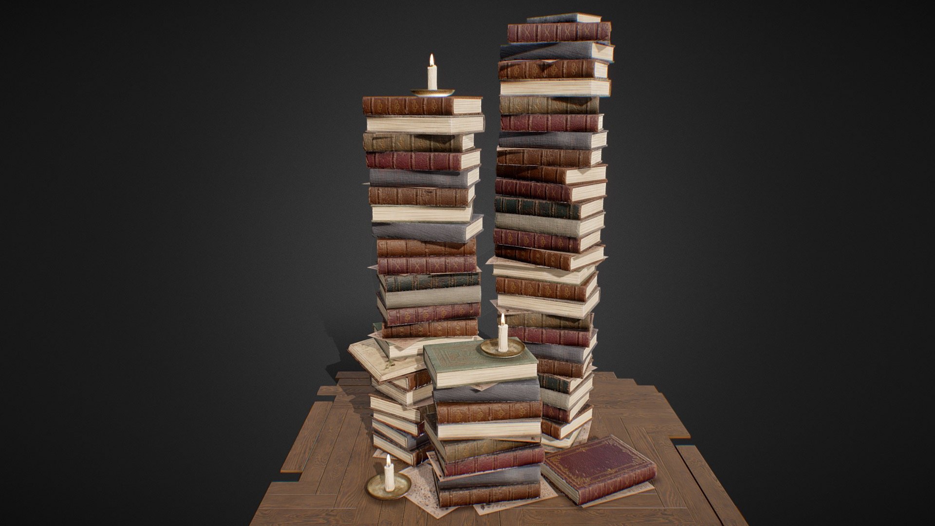 This model is a collection of game-ready stacked books, with scattered paper, and warm candles.

Features




The model includes 3 book stackes (with leather and cloth books), scattered paper, and small candles. The candles are animated.

The model is low-poly and optimised for use in game, VR, archviz, and visual production.

The model has clean topology, grouped and named appropriately, and unwrapped.

19,830 triangles; 10,679 vertices.

Modelled in Blender and textured in Substance Painter.

Textures

Model has 1 PBR texture set. Textures are in .png at 4096x4096 and includes: Base Colour, Roughness, Metallic, Normal, Alpha, Emissive - Old Library Books Stacked - Buy Royalty Free 3D model by Matthew Collings (@mtcollings) 3d model