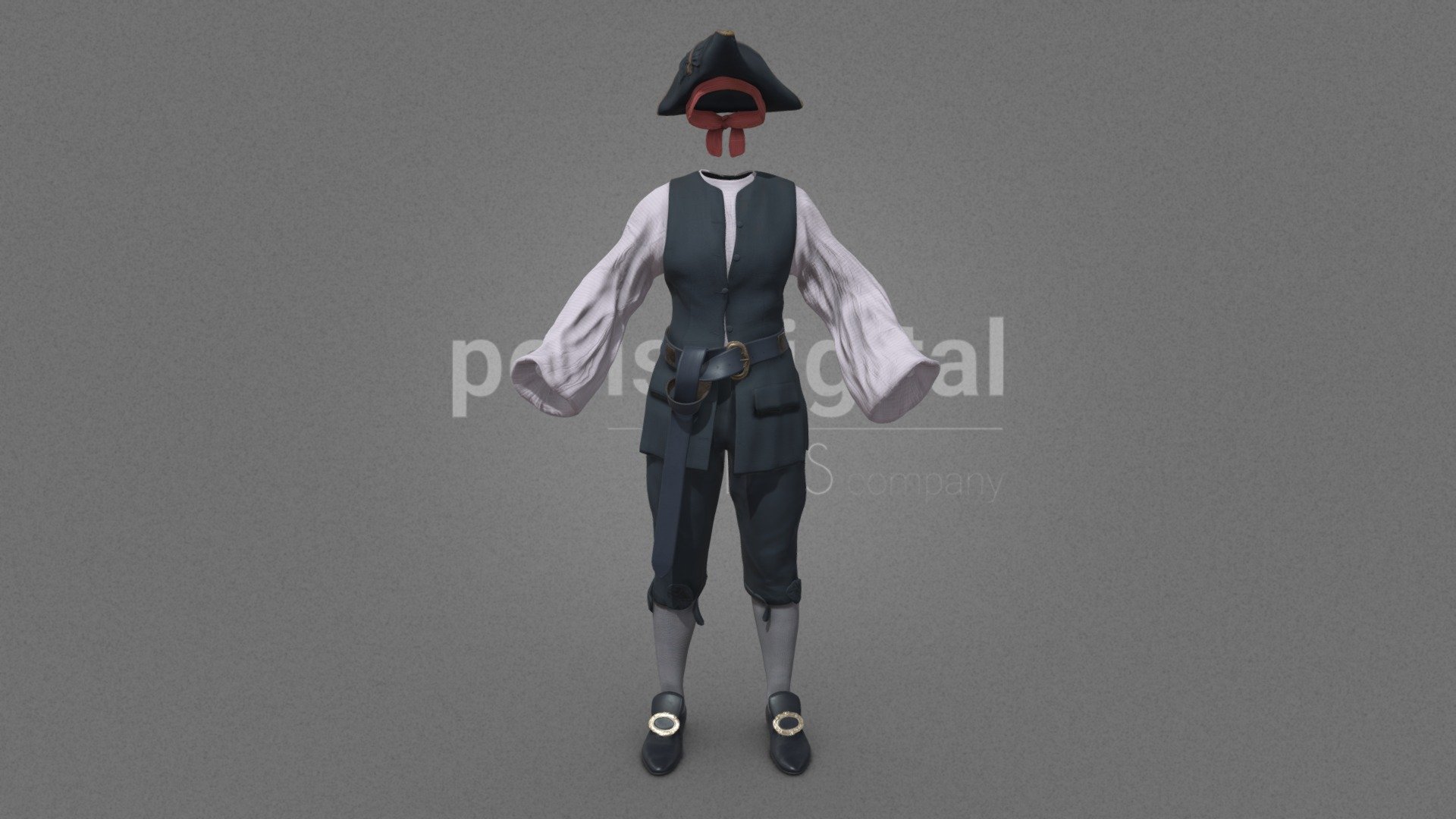 White long sleeve shirt with boat neck and flared sleeves, long dark gray vest with buttons and pockets, dark gray belt with silver buckle, dark gray medieval pirate trousers, black shoes with large tongue and round silver buckle, gray pirate hat with brown edges.





They are optimized for use in 3D scenes of medium/high polygonalization and optimized for rendering.




We do not include characters, but they are positioned for you to include and adjust your own character.



They have a model LOW (_LODRIG) inside the Blender file (included in the AdditionalFiles), which you can use for vertex weighting or cloth simulation and thus, make the transfer of vertices or property masks from the LOW to the HIGH** model.

We have included the texture maps in high resolution, as well as the Displacement maps, so you can make extreme point of view with your 3D cameras, as well as the Blender file so you can edit any aspect of the set. 

Enjoy it.

Web: https://peris.digital/ - Pirate Series - Female - Buy Royalty Free 3D model by Peris Digital (@perisdigital) 3d model