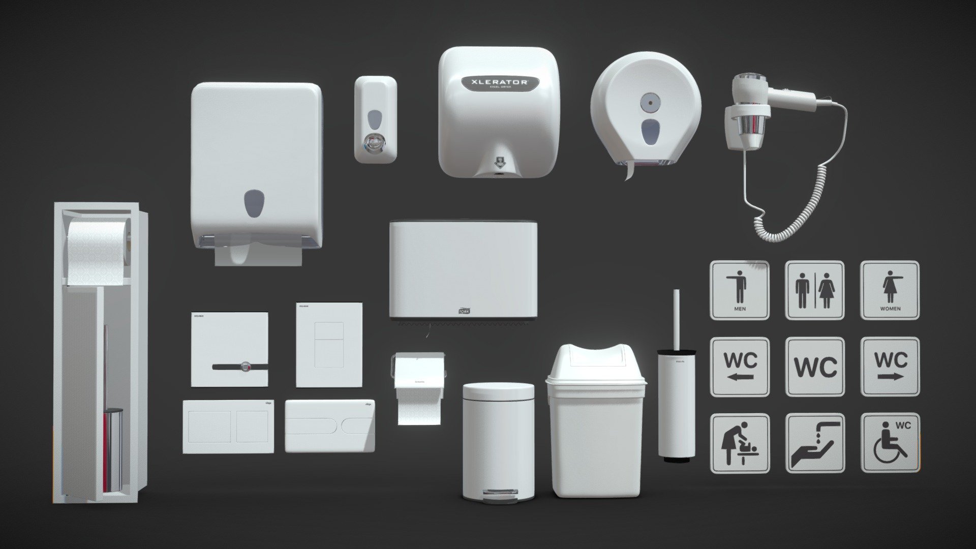 Realistic (copy) 3d model of Public toilet accessories white set 153.

This set:




1 file obj standard

1 file 3ds Max 2013 vray material

1 file 3ds Max 2013 corona material

1 file 3ds Max 2013 standard material

1 file of 3Ds

1 file blender.

Topology of geometry:




forms and proportions of The 3D model

the geometry of the model was created very neatly

there are no many-sided polygons

detailed enough for close-up renders

the model optimized for turbosmooth modifier

Not collapsed the turbosmooth modified

apply the Smooth modifier with a parameter to get the desired level of detail

In the archive:




Black XLERATOR hand dryer

Flush buttons for installation Viega, Delabie

Trash can with pedal and lid HEWI

Trash can Katrin

Toilet brush with holder Brabantia

Mar Plast liquid soap dispenser

Mar Plast toilet paper dispenser

Tork toilet paper dispenser

Mar Plast toilet towel dispenser

Hairdryer ODF

Brabantia toilet paper holder

A set of plates on the door
 - Public toilet accessories white set 153 - Buy Royalty Free 3D model by madMIX 3d model