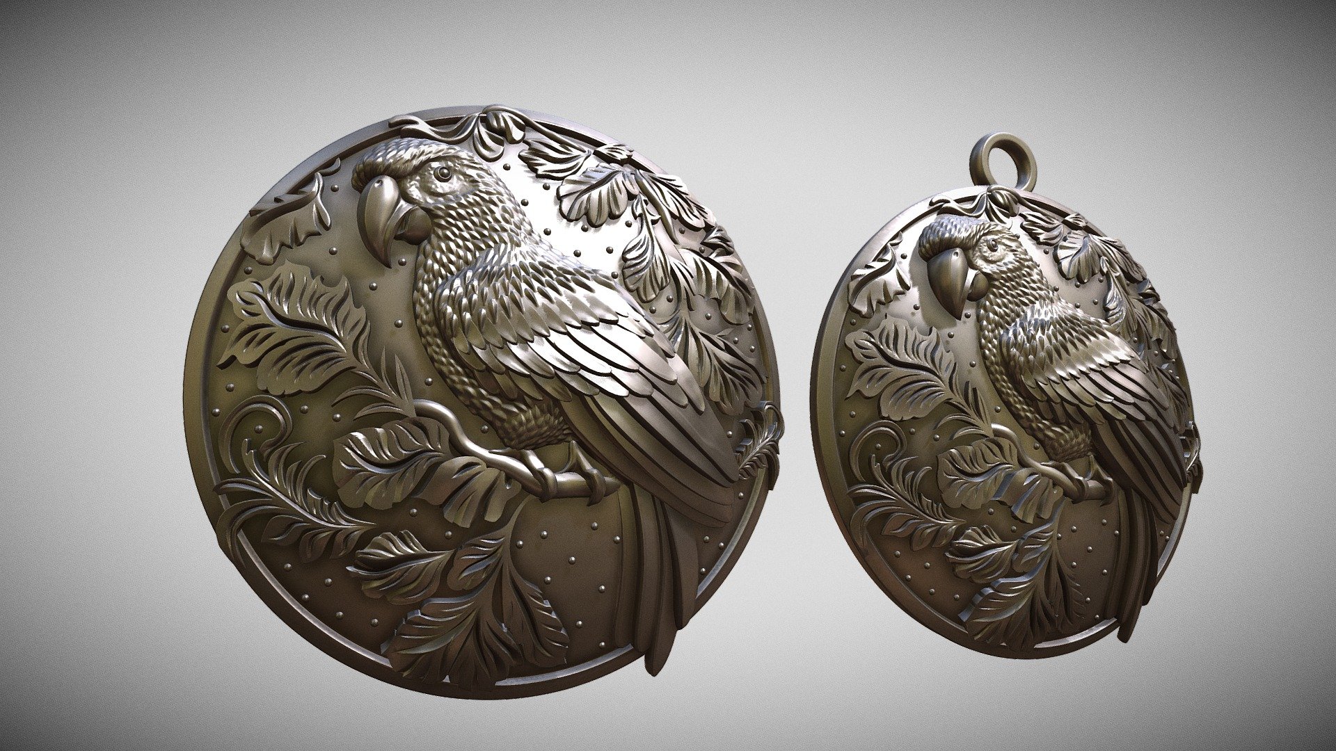The parrot BAS-RELIEF medallion is made as a single element. I set the size to 45mm in diameter. The model has a high resolution, and you can change the size as you wish.
Please note that the model has two options with and without a hanging eye.

Model geometry is mesh (polygonal),this is not a Nurbs geometry.
It is designed for printing and casting and technically cannot be converted to NURBS geometry 3d model