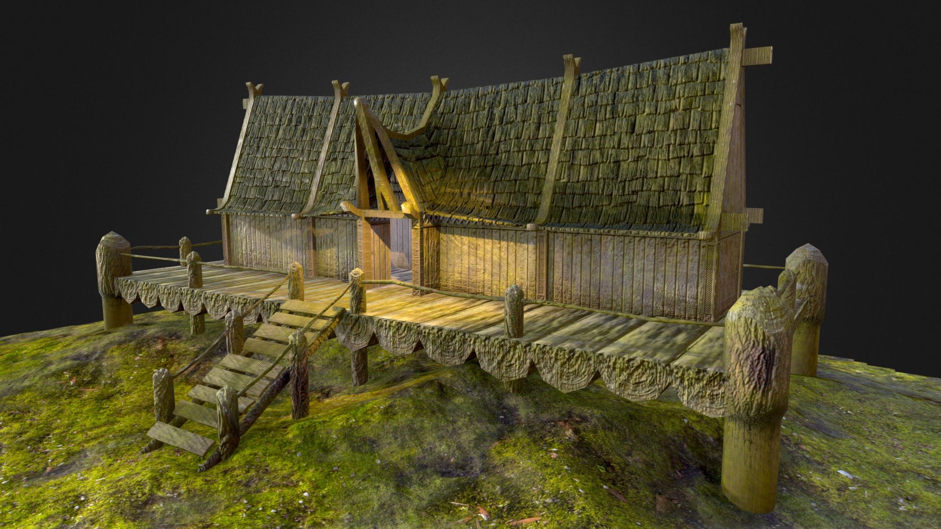 Low-poly old viking longhouse, divided into three objects, namely the foundation, the structure and walls, with three independent mappings in the resolution options of 4096px and 2048px, also containing the model and texture of the terrain for exhibition only, which can be removed. A great choice for light Viking/Nordic themed games.

Included in the File:​
Base Color, 
Normal Map, 
Roughness Map,
Metallic Map, 
Height Map, 
.OBJ, .FBX, .DAE and .3DS archive

Textures in 2048px and 4096px 3d model