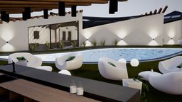 Metaverse Art Gallery And Meeting Garden | Baked bar, room, modern, garden, restaurant, villa, exterior, luxury, garage, chairs, collection, tables, vr, ar, pool, hub, resort, spatial, gallery, museum, logo, professional, mansion, palms, conference, canvas, meta, meeting, exterior-design, artgallery, metaverse, bistrot, nft, architecture, design, house, space, gameready, augumentedreality, "noai"