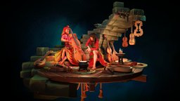 Luthier workshop (animated) violin, instrument, instruments, guitar, woodworking, books, candles, dress, diorama, old, woman, warm, cello, strings, colorful, quaint, lute, ropes, viola, luthier, handpainted, girl, blender, stone, wood, animation, stylized, fantasy, workshop, magic