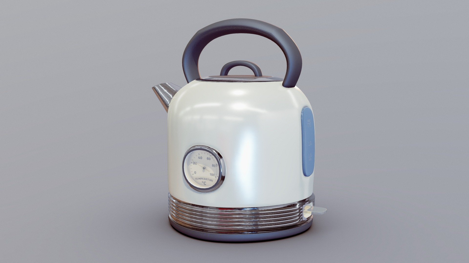 Low Poly PBR Game-Ready Model of a Teapot KitfortKT.

Technical Info:



Textures: In the scene included 5 textures: Base Color (Diffuse), Normal Map, Glossiness (Inverted of Roughness), Metalness, Opacity. The resolution of the textures is 2048x2048. File format: PNG.



Polygons Count: 16,132 Polys.



Original Messures: Width: 21.9 cm (8,2 ″), Depth: 16.8 cm (6,3 &ldquo;), Height: 22.8 cm (9 &ldquo;)



UV Mapped: Yes



Original Model Format: FBX



Description:
The ratio of the high power of the kettle and the optimal volume allows you to quickly boil water for a drink. The design of the kettle includes a thermometer for the convenience of brewing various types of tea or medicinal herbs, which need their own suitable temperature.

The enlarged mouth and removable lid make it easy to fill the kettle and clean the inside. A heating indicator is provided. Protection against overheating, from dry start, when removed from the base 3d model