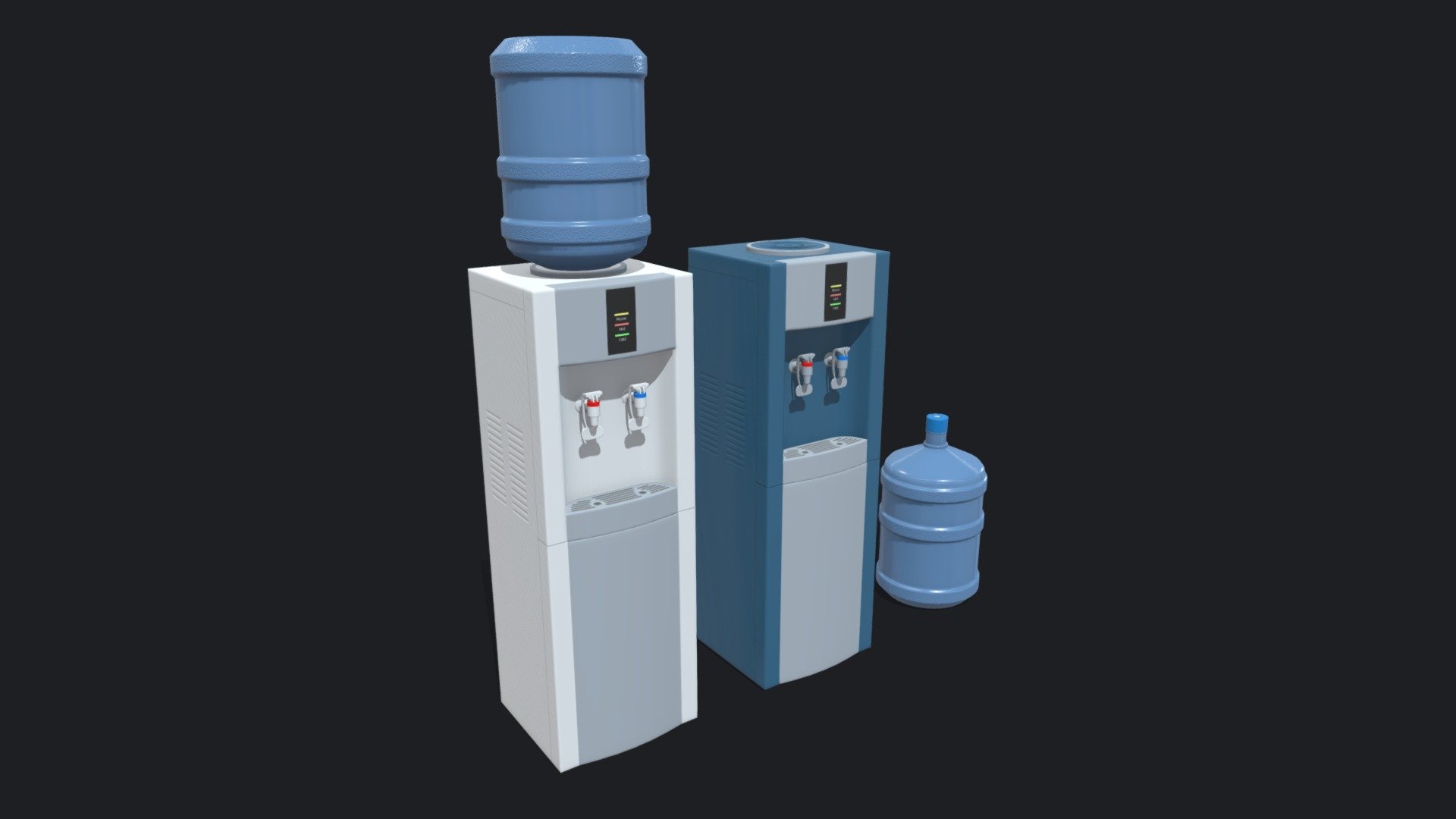 Game ready low-poly Water Cooler model in 2 colors with PBR textures for game engines/renderers. 4096x4096 PBR Metallic/Roughness textures.

This product is intended for game/real time/background use. This model is not intended for subdivision. Geometry is triangulated. Model unwrapped manually. All materials and objects named appropriately. Scaled to approximate real world size. Tested in Marmoset Toolbag 3. Tested in Unreal Engine 4. Tested in Unity. No special plugins needed. .obj and .fbx versions exported from Blender 2.83.

Triangles: 2954
Vertices: 1610

4096x4096 textures in png format:
- General PBR Metallic/Roughness  textures: BaseColor, Metallic, Roughness, Normal, AO, Emission;
- Unity Textures: Albedo, MetallicSmoothness, Normal, AO, Emission;
- Unreal Engine 4 textures: BaseColor, OcclusionRoughnessMetallic, Normal, Emission;
- PBR Specular/Glossiness textures: Diffuse, Specular, Glossiness, Normal, AO, Emission 3d model