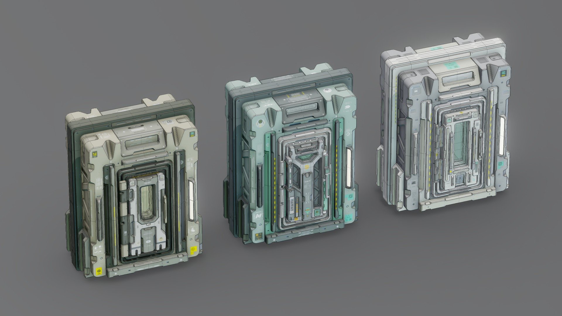 Scifi Doors Vol II
This is the second edition of Sci-Fi Doors, where I have integrated a new workflow much more complete in terms of modeling. Through a lot of research and studies, I have achieved a more aesthetic and orderly character, preserving a hollow geometry that appears to be made up of nested details, thus optimizing the resolution of textures, for this collection, I developed a collection of my own Decals, where I strive for aesthetics rather than realism

In conclusion, this product is a high quality object, the result of a lot of experimentation and research, to create a cyberpunk style art piece.

Technical information

Native format: BLEND 3.2.2
Other formats: OBJ,FBX,Collada,GLTF,
Rendering: Cycles
Substance Painter Textures: JPEG 4K
PBR Textures
Materials: 6

Notes

Mirrored object
Modifiers (Not applied): Bevel - Angle, Weighted normal
Other formats: Modifiers Applied - Scifi Doors Vol II - Buy Royalty Free 3D model by TET.SUO.RIN (@TET_SUO_RIN) 3d model