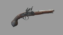 Old Steampunk Pistol Hand Gun steampunk, wooden, vintage, handgun, antique, firearm, old, pistol, flintlock, musket, pbr, low, poly, gun, hand