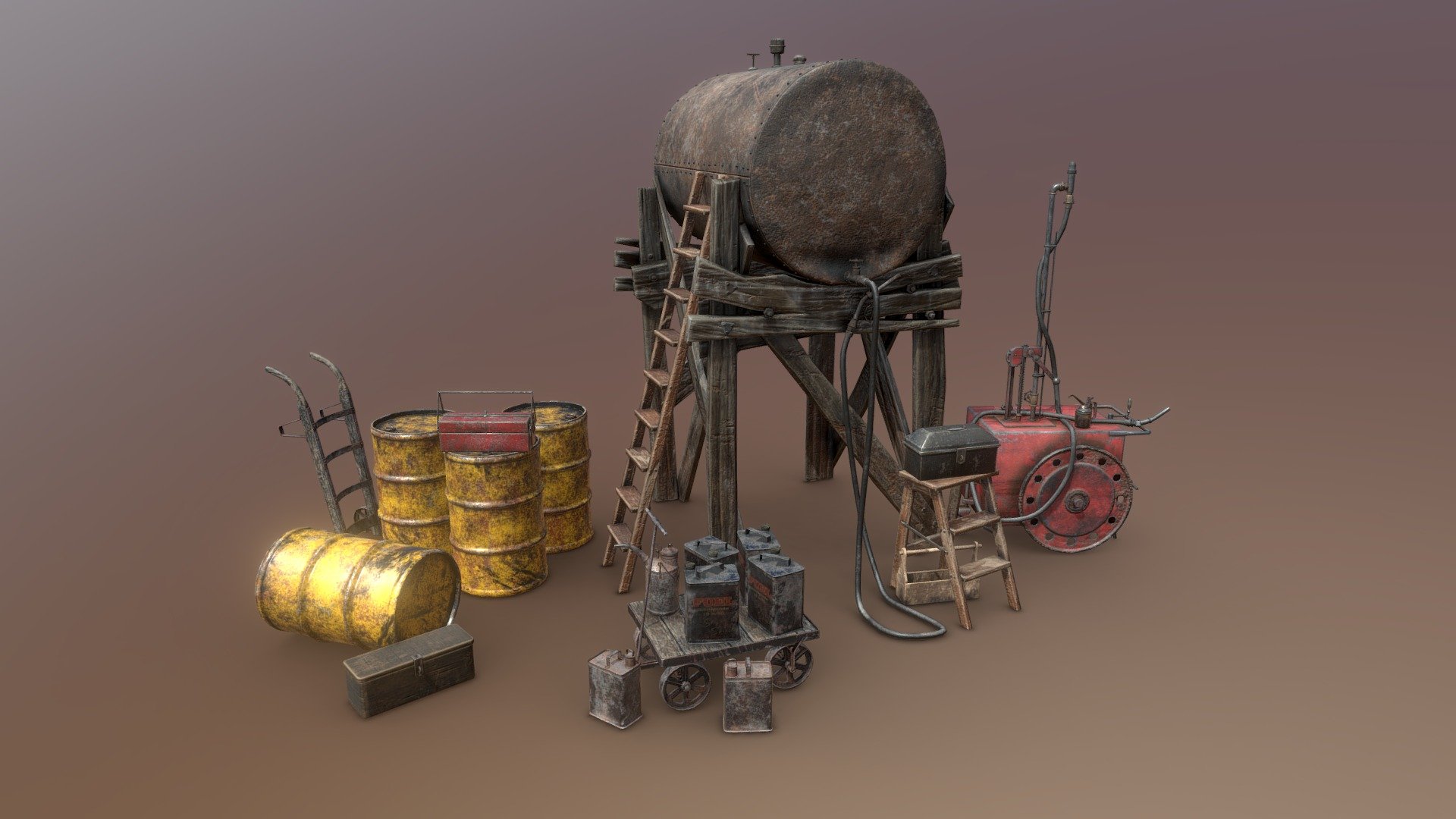 Personal work (3dsMax, Substance Painter, Photoshop)

These models are part of current Blockchain Game in development: Goldfever

Gold Fever - Have fun and earn with our gold rush simulation &hellip;
https://goldfever.io - Old Airfield Workshop Props and Fuel Pump - 3D model by Xorxe 3d model