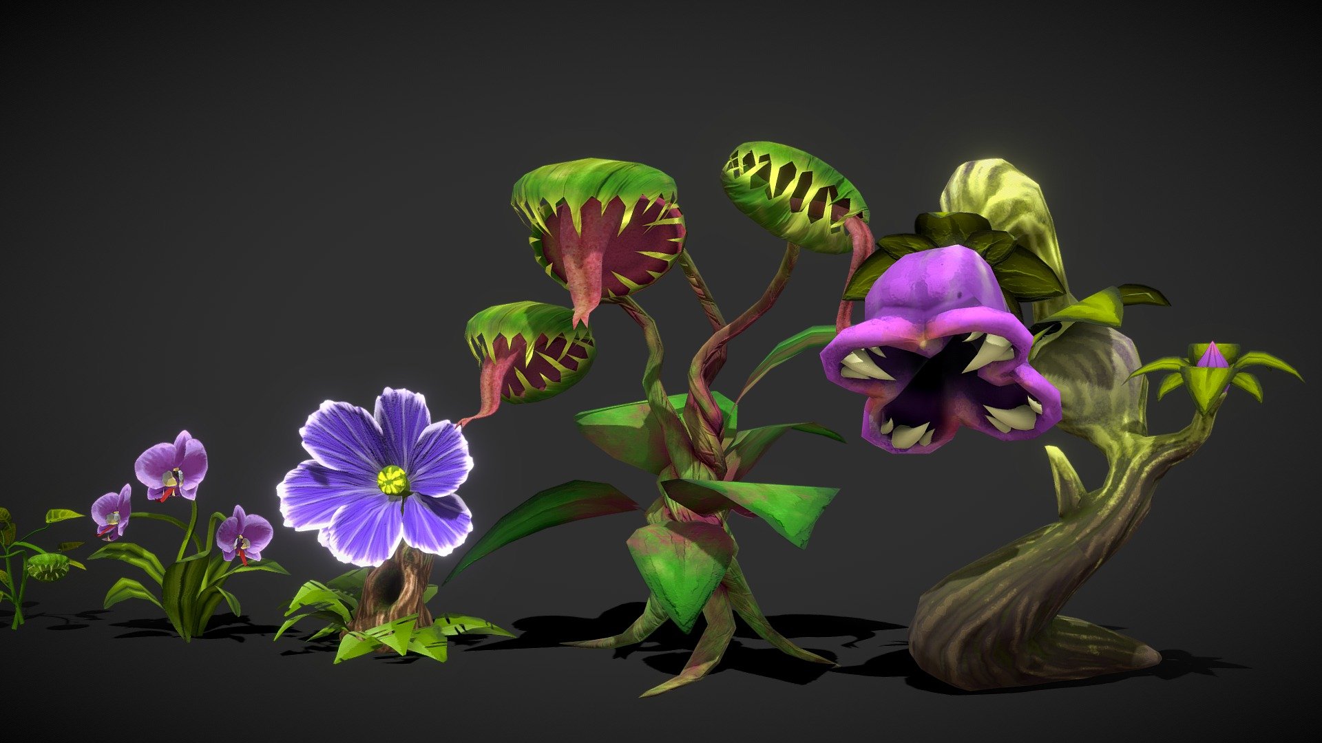 Stylized Monster Plants /Fantasy Plants - low poly pack

hand painted textures
4096x4096 PNG texture

Pack includes:




sundew

flytraps

orchid

toxic flower

Triangles: 12k
Vertices: 7.4k

you can buy greenhouses with plants here - Stylized Monster Plants - low poly pack - Buy Royalty Free 3D model by Karolina Renkiewicz (@KarolinaRenkiewicz) 3d model