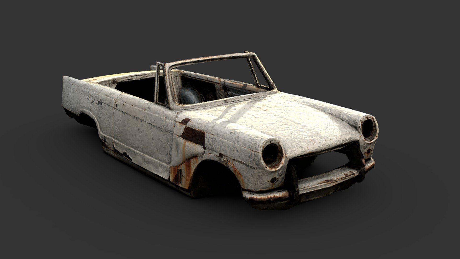 Retopologized version of a 3D scan, this was a small, british convertible once.

Made in Realitycapture, 3DSMax, Substance Painter, and Topogun - Triumph Herald Wreck - 3D model by Renafox (@kryik1023) 3d model