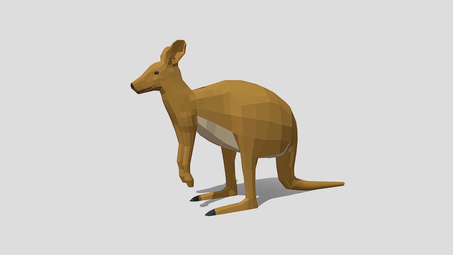 This is a low poly 3d model of a kangaroo. The low poly kangaroo was modelled and prepared for low-poly style renderings, background, general CG visualization presented as a mesh with quads.

Verts : 1.166 Faces: 1.164

This model have simple materials with diffuse colors.

No ring, maps and no UVW mapping is available.

The original file was created in blender. You will receive a 3DS, OBJ, FBX, blend, DAE, Stl.

All preview images were rendered with Blender Cycles. Product is ready to render out-of-the-box. Please note that the lights, cameras, and background is only included in the .blend file. The model is clean and alone in the other provided files, centred at origin and has real-world scale 3d model