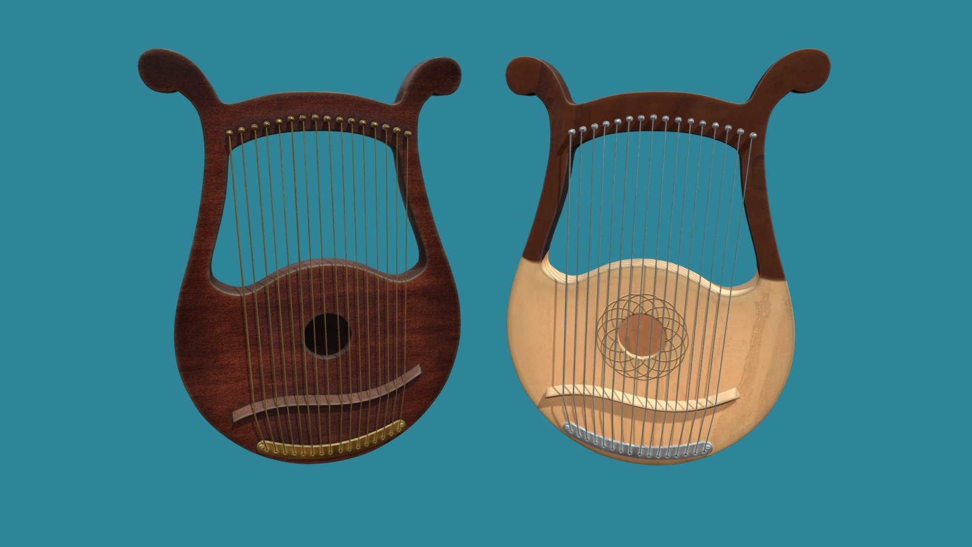 Realistic lyre with 16 strings created in Blender.

This model is available in the following file formats:




.blend (Blender native format)

.fbx (Autodesk fbx)

.obj (Object file with mtl)

.abc (Alembic)

.dae (Collada)

.stl (Stereolithography)

.glb

The file contains the 3D model and the textures, there is no light preset.
There is a zip file with some renders in PNG format with alpha/transparency.

The model has a non-overlapping UV-Map.
The polygons in the model are mostly Quads.

Polygons




Verts 39150

Faces 37686

Tris 74892

There are two sets of textures with different colors.
Included texture maps: Base Color, Metallic, Roughness, Ambient Occlusion, Specular,
OpenGL Normal, DirectX Normal.

The textures are in PNG format and they are available in different dimensions:
* 2048x2048
* 1024x1024

Dimensions of the 3D model: 0.31m x 0.04m x 0.45m - Lyre - Buy Royalty Free 3D model by GattalupaGames 3d model