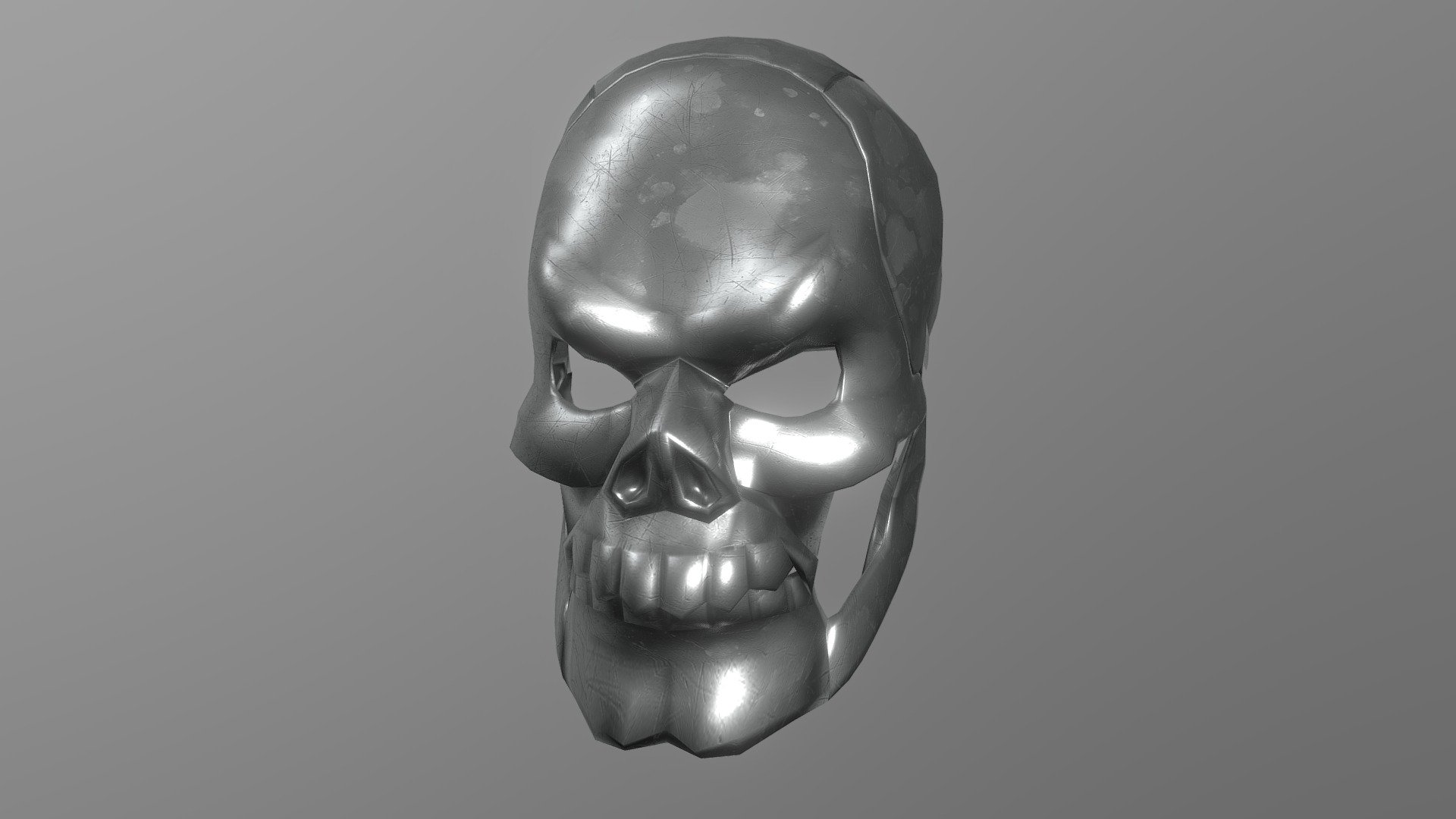 Skull Mask (metal)
Bring your project to life with this mid/low poly 3D model of an Skull Mask. Perfect for use in games, animations, VR, AR, and more, this model is optimized for performance and still retains a high level of detail.


Features



Mid/Low  poly design with 2,101 vertices

16,702 edges

2,038 faces (polygons)

4,016 tris

2k PBR Textures and materials

File formats included: .obj, .fbx, .dae, .stl


Tools Used
This Skull Mask mid/low poly 3D model was created using Blender 3.3.1, a popular and versatile 3D creation software.


Availability
This mid/low poly Skull Mask 3D model is ready for use and available for purchase. Bring your project to the next level with this high-quality and optimized model 3d model