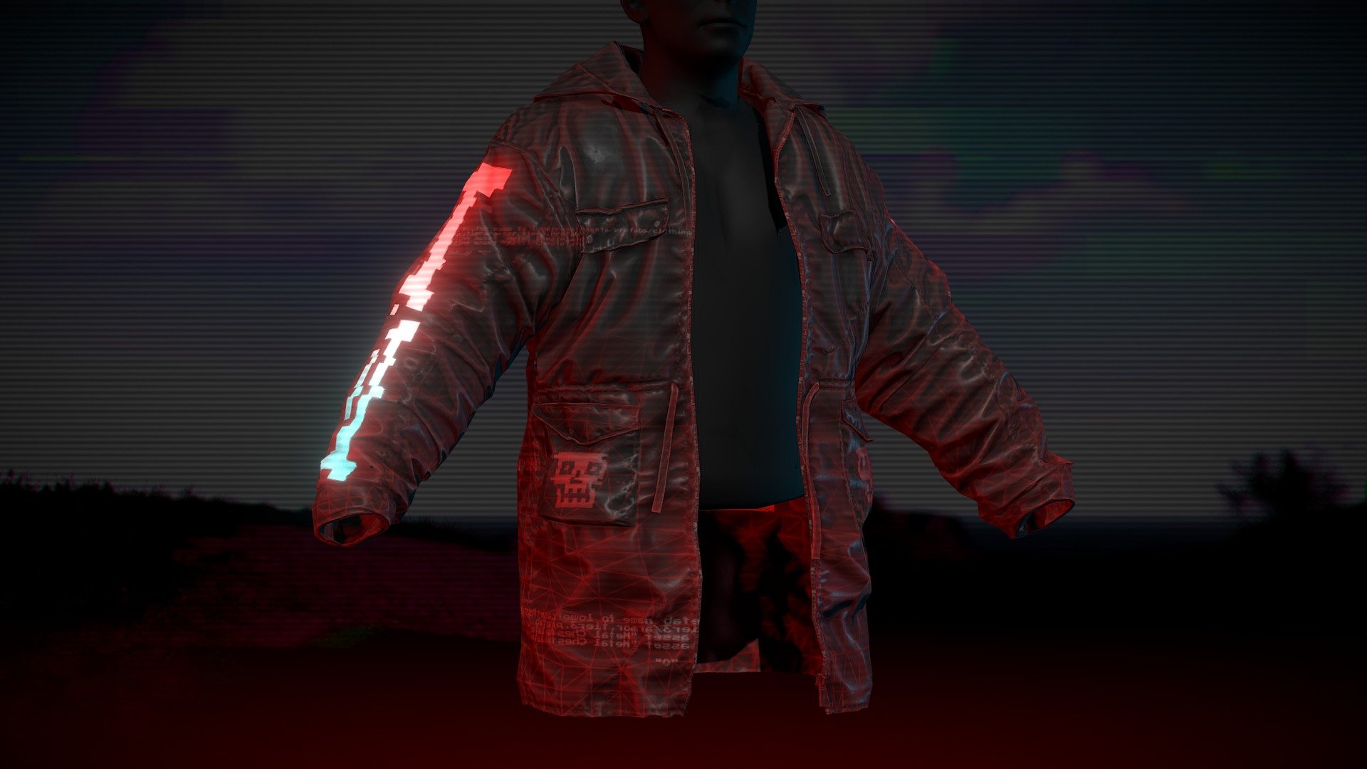 A skin for the Jacket in Rust, made to look like the assets are corrupted with a pixelated skeleton pattern 3d model