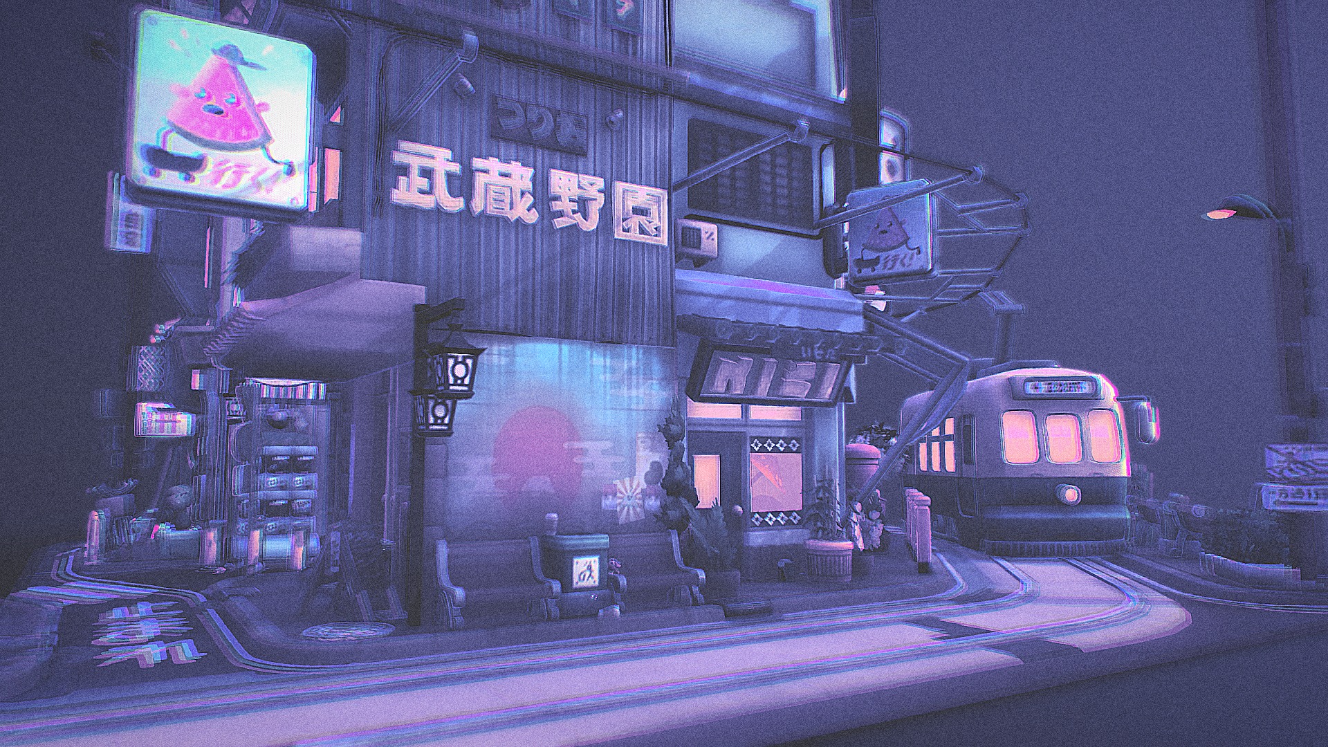 My entry for the 3D Editor Challenge

I wanted the entire scene to feel like the cover of a vaporwave album, and even added some music to fit in with the scene. Hope you guys enjoy the different take on it.

Music from Killer in Kowloon by Virtual Vice CHeck him out on bandcamp! https://virtual-vice.bandcamp.com/

As for edits, I applied a lot of noise while lowering contrast and harshly color balancing it to fit with the blown out vaporwave colors. I also applied some emission and chromatic aberation to add a distorted light effect.

Truly a fun experience to see what exetremes can be done with the 3D editor!

Based on the wonderful model “Littlest Tokyo” by glenatron, licensed under CC Attribution-ShareAlike 3d model
