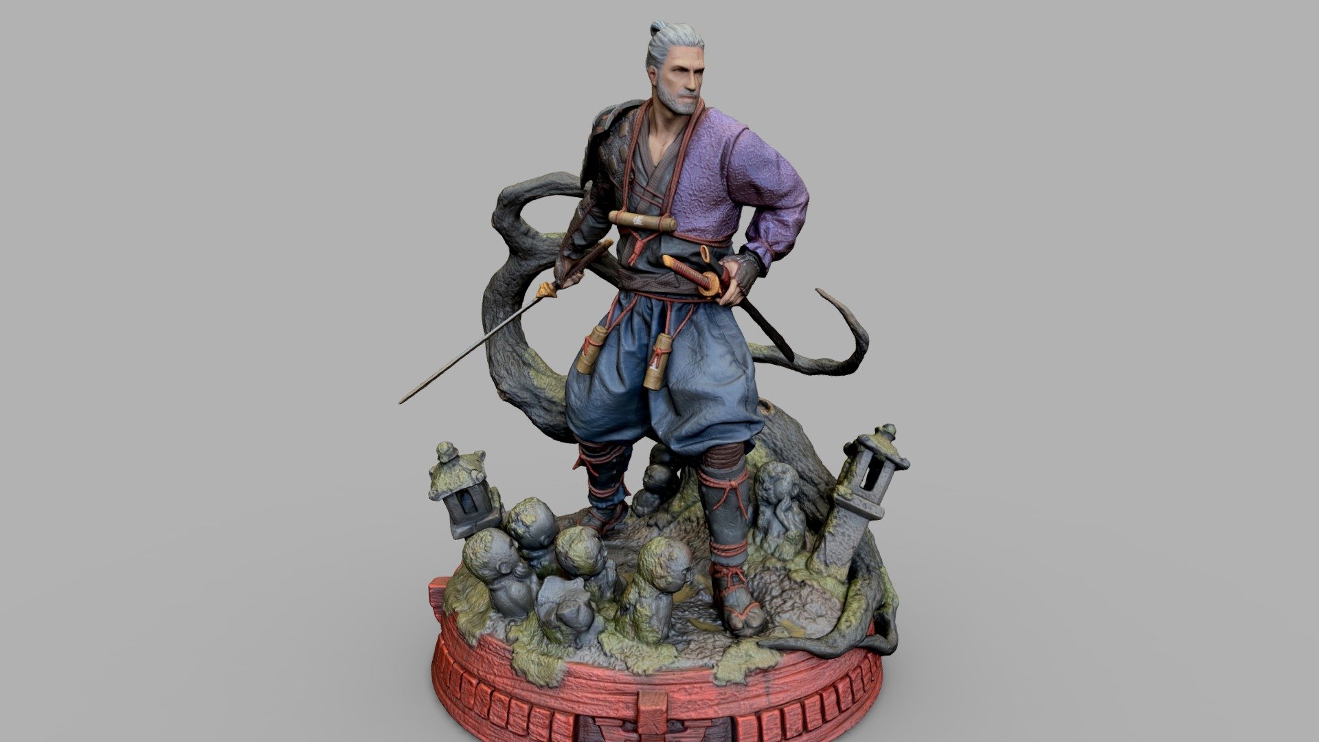 A 3D scan of the standard edition Geralt Ronin figure, a 30cm/12 inches polystone figure by CD Projekt RED.


&ldquo;Shrouded in the darkness of the eerie night, guided only by his instincts, the wandering Rōnin known as Geralt trails a deadly prey across the lands of feudal Japan. Here, he finds himself alone in the cemetery of Koyasan. Alert and equipped for a battle, his every step is calculated and precise — measured with the knowledge that one false step could spell the end. Blade in hand, this skilled swordmaster is prepared to take on whatever yōkai lurks amongst the resting dead.