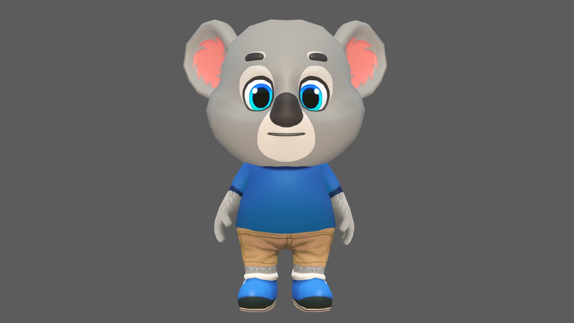 Koala Bear character for games and animations. The model is game ready and compatible with game engines.

Included Files:




Maya (.ma, .mb) - 2015 - 2020

FBX - 2014 - 2020

OBJ

Supports Humanoid Animation:




Unity Humanoid compatible.

Mixamo and other humanoid animation libraries (MoCap).

Removable Tail.

Full Facial and Body Rig for further animation.

The model is lowpoly with four texture resolutions 4096x4096, 2048x2048, 1024x1024 &amp; 512x512.

The package includes 18 Animations:




Run

Idle

Jump

Leap left

Leap right

Skidding

Roll

Crash &amp; Death

Power up

Whirl

Whirl jump

Waving in air

Backwards run

Dizzy

Gum Bubble

Gliding

Waving

Looking behind

The model is fully rigged and can be easily animated in case further animating or modification is required.

The model is game ready at:




3492 Polygons

3481 Vertices

The model is UV mapped with non-overlapping UV's. The shadows and lights are baked in the texture 3d model