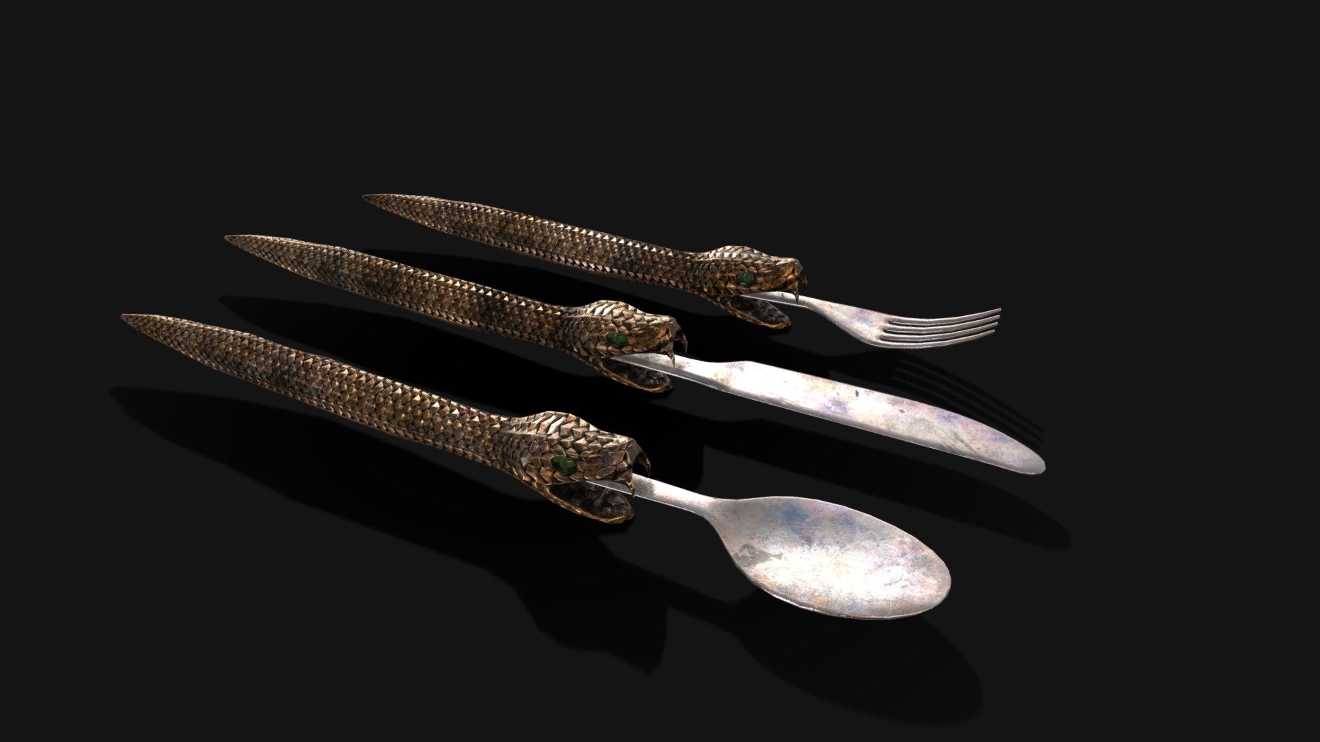 Snake King Cutlery 3D Model. This model contains the Snake King Cutlery itself 

All modeled in Maya, textured with Substance Painter.

The model was built to scale and is UV unwrapped properly. Contains only one 4K texture set.  

⦁   4062 tris. 

⦁   Contains: .FBX .OBJ and .DAE

⦁   Model has clean topology. No Ngons.

⦁   Built to scale

⦁   Unwrapped UV Map

⦁   4K Texture set

⦁   High quality details

⦁   Based on real life references

⦁   Renders done in Marmoset Toolbag

Polycount: 

verts 2065

edges 4114

faces 2058

tris 4062

If you have any questions please feel free to ask me 3d model