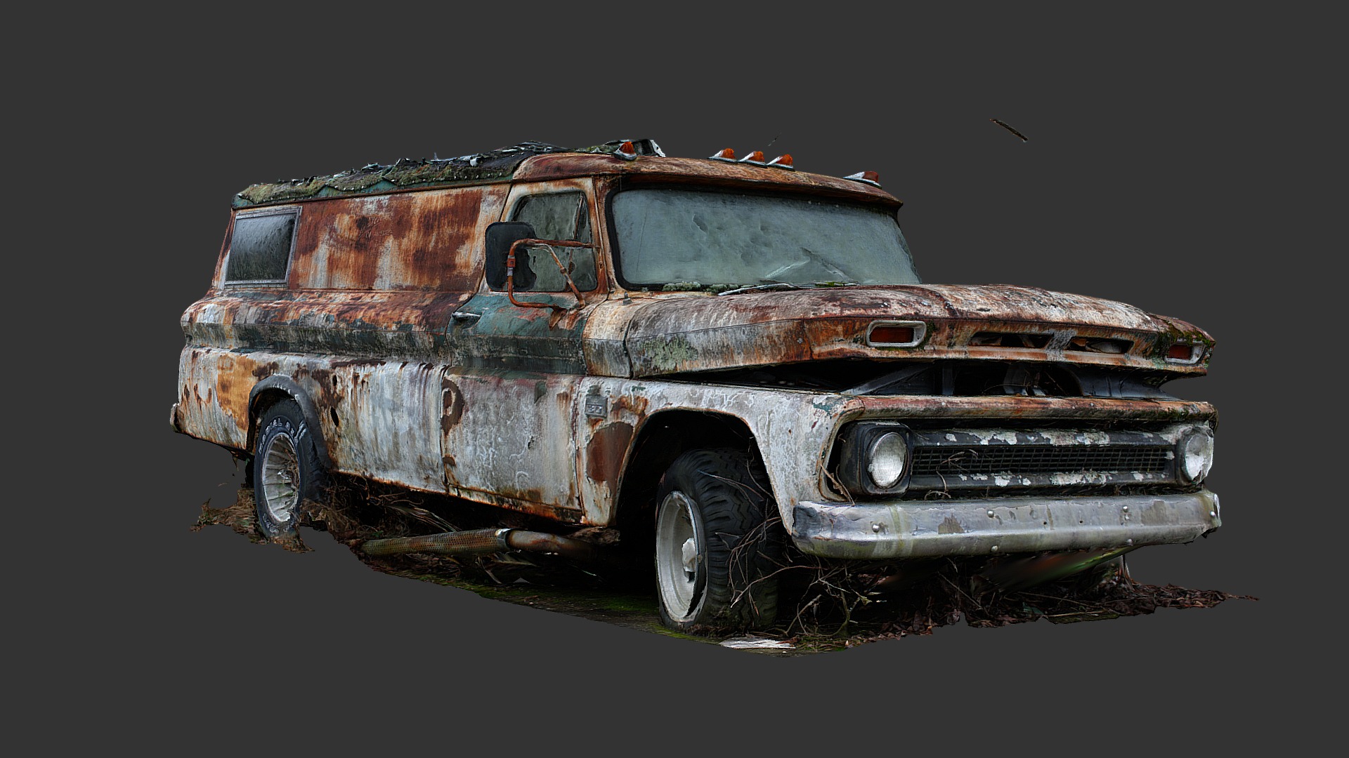 Seems like at some point, this truck's previous owner turned it into some kind of party van with a canvas roof and a paintjob with graphics on it.

Processed in RealityCapture from 159 photos 3d model