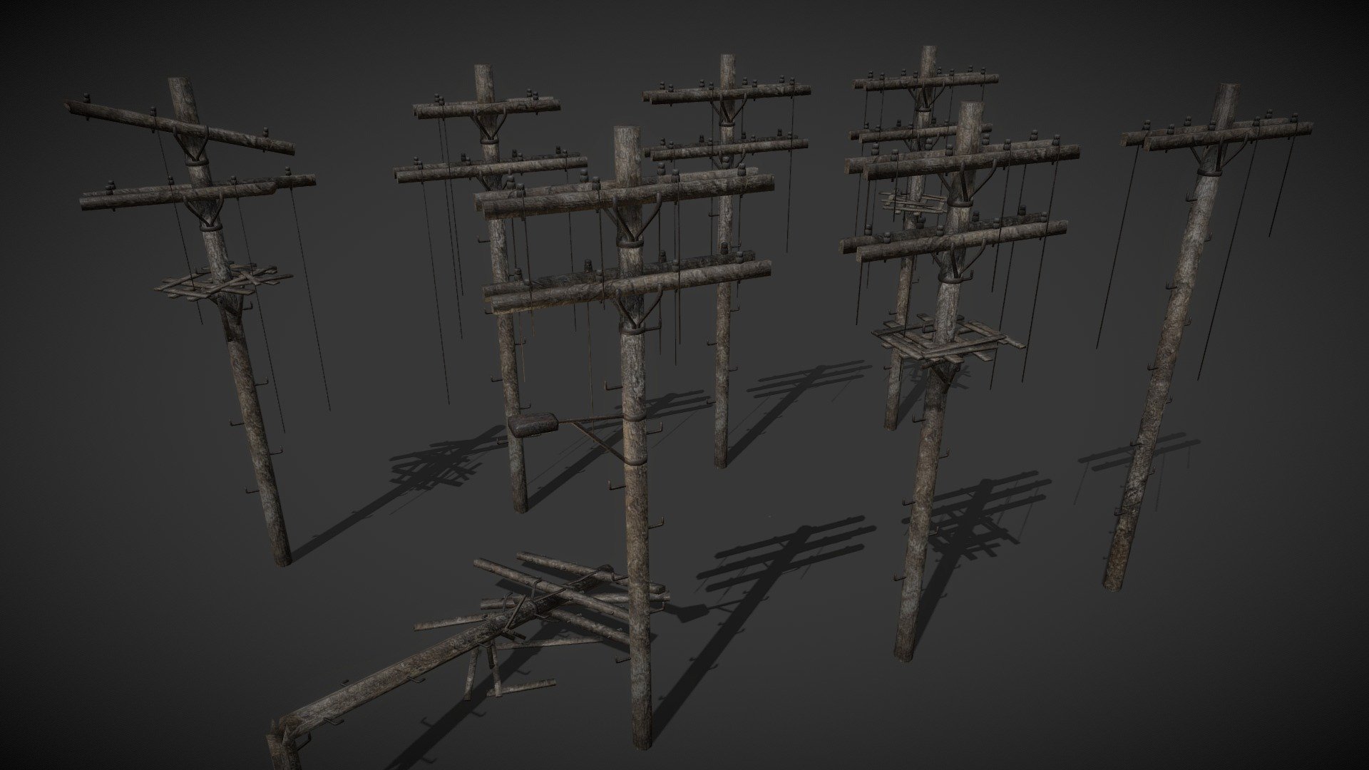 This package includes eight detailed low poly Wooden Electric Poles, ideal for an open world environment. 

Main features:




Unity 3D (.unitypackage, .prefab);

All 8 models contain Albedo and Normal maps;

All of the Textures are 2048x2048 PNGs;
*The wires go separately from the mesh of the electric pole;

Package contains:




Wooden Electric Pole 01 (2312 tris);

Wooden Electric Pole 02 (3026 tris);

Wooden Electric Pole 03 (3044 tris);

Wooden Electric Pole 04 (1676 tris);

Wooden Electric Pole 05 (1934 tris);

Wooden Electric Pole 06 (2234 tris);

Wooden Electric Pole 07 (2646 tris);

Wooden Electric Pole 08 (2940 tris);

Create stunning environments using these assets for your own game.

Contact: 
mr.rusel1999@mail.ru - Wooden Electric Poles Pack - 8 Variations - 3D model by ANRUVAL_3D_MODELS 3d model