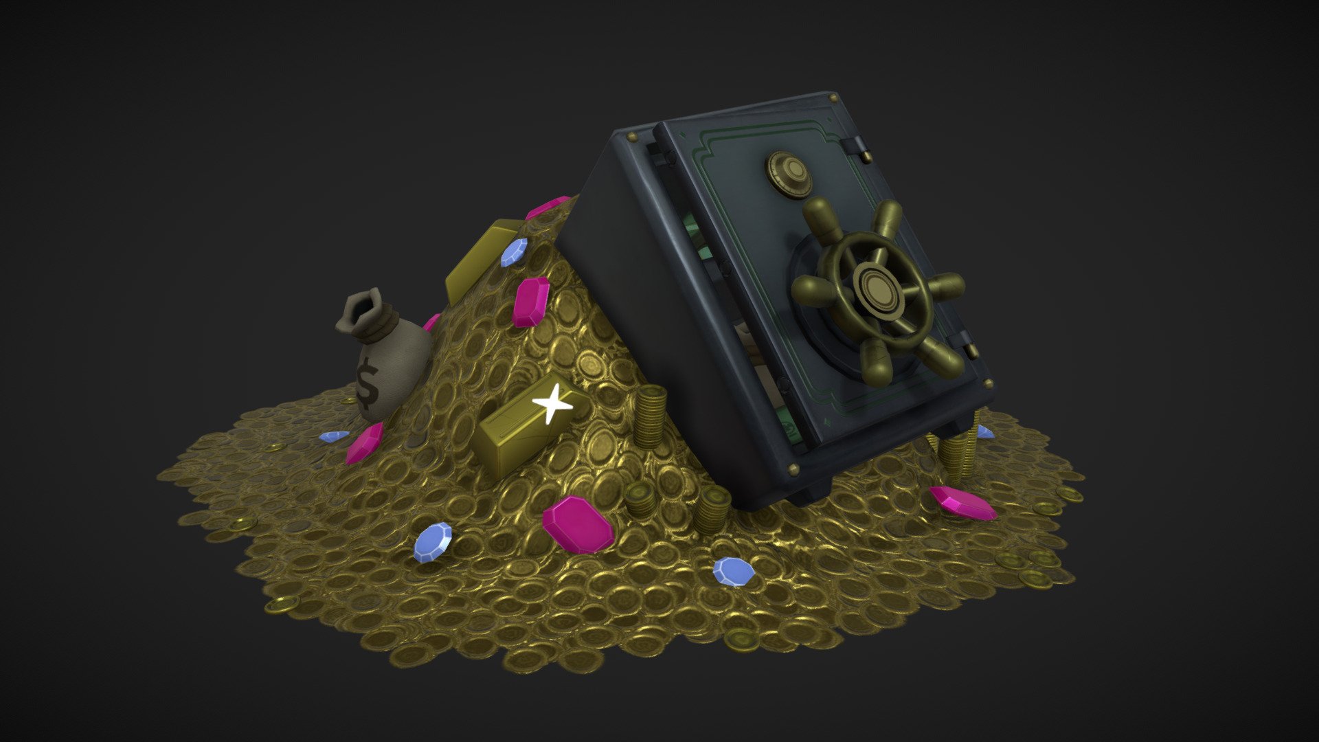 Congradulations on your biggest score! Now to figure out what to do with all of this mulay?

This stylized pack includes the displayed model above and an asset pack that has all of the models seperated so you can have your own money pile such as:




1 Big Gold Pile [248 Tris]

1 Money Bag(Rigged Joints Included) [1072 Tris]

1 Gold Bar [44 Tris]

1 Singular Gold Coin(Multiple Stacked Versions Included) [320 tris for Singular Coin/stacks vary]

2 Cash Models [Singular 176 Tris / Double 388 Tris]

2 Types of Jewelry [Diamond 40 Tris / Gem 48 Tris]

and a Big Safe to hide almost anything(except a big pile of gold) [2764 Tris]

For a bonus.... I also included the Alpha Map for the shine particle ;) 

All models and textures are named for easy assigning. Download the Additional Files if you need textures for Unreal or Seperated Versions of the model

Thanks for checking it out! Onto the next score! 🪙 - 🪙 Stylized Safe/Money Pile - Buy Royalty Free 3D model by MortyJHin 3d model
