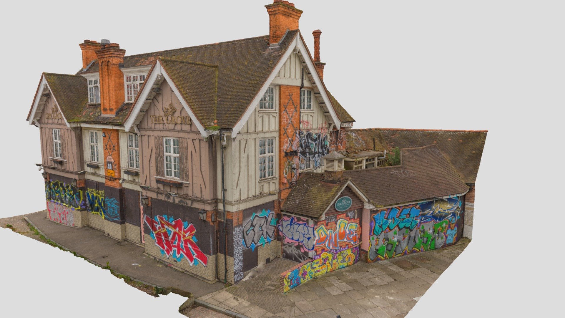 Photogrammetry Scan of an Abandoned Pub in south London. 

To ensure colour accuracy the Raw Photography was profiled with X-Rite ColorChecker and a unique profile created for sRGB Colour Gamut in Lightroom. 
Lods have been cleaned up to remove floating polygons and close holes (where possible). ote there are 2 diffuse maps with this package. The first diffuse map texture is the original photography he second map is called diffuse_3 and are delit for re-lighting so you have both options available to you.

Blender render of the 1 million poly asset (scene not included).




https://youtu.be/7aWmObts5JM

Zip package includes 4 LODs with 




1 million Polygon FBX model with 8k x10 UDIM Diffuse, Diffuse_3 Texture Maps and Normal Maps 

500k Polygon FBX model with 8k x5 UDIM Diffuse, Diffuse_3 Texture Maps and Normal Maps

200k Polygon FBX model with 8k x4 UDIM Diffuse, Diffuse_3 Texture Maps and Normal Maps 

50k Polygon FBX model with 8k x2 UDIM Diffuse, Diffuse_3 Texture Maps and Normal Maps
 - Abandoned Pub - Buy Royalty Free 3D model by Kieron Helsdon (@ronski) 3d model