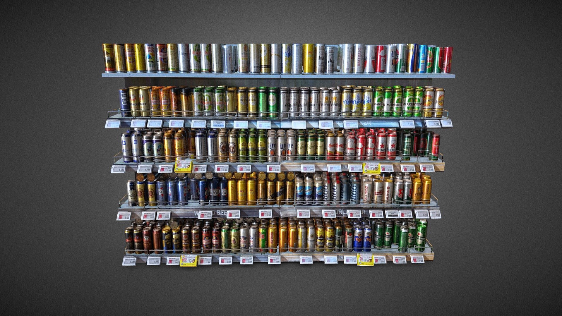 A simple yet realistic looking shelf of beverages and drinks you would find in a supermarket.

Ideal as a background asset in a mall for an animation or VFX 3d model