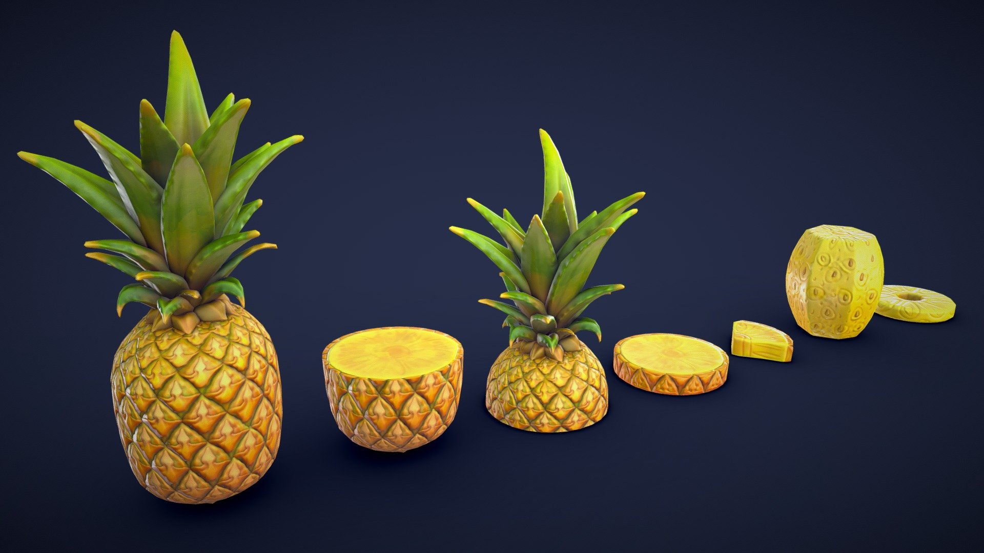 This asset pack contains 7 different pineapple meshes. Whether you need some fresh ingredients for a cooking game or some colorful props for a supermarket scene, this 3D stylized pineapple asset pack has you covered! 🍍

Model information:




Optimized low-poly assets for real-time usage.

Optimized and clean UV mapping.

2K and 4K textures for the assets are included.

Compatible with Unreal Engine, Unity and similar engines.

All assets are included in a separate file as well.
 - Stylized Pineapple - Low Poly - Buy Royalty Free 3D model by Lars Korden (@Lark.Art) 3d model