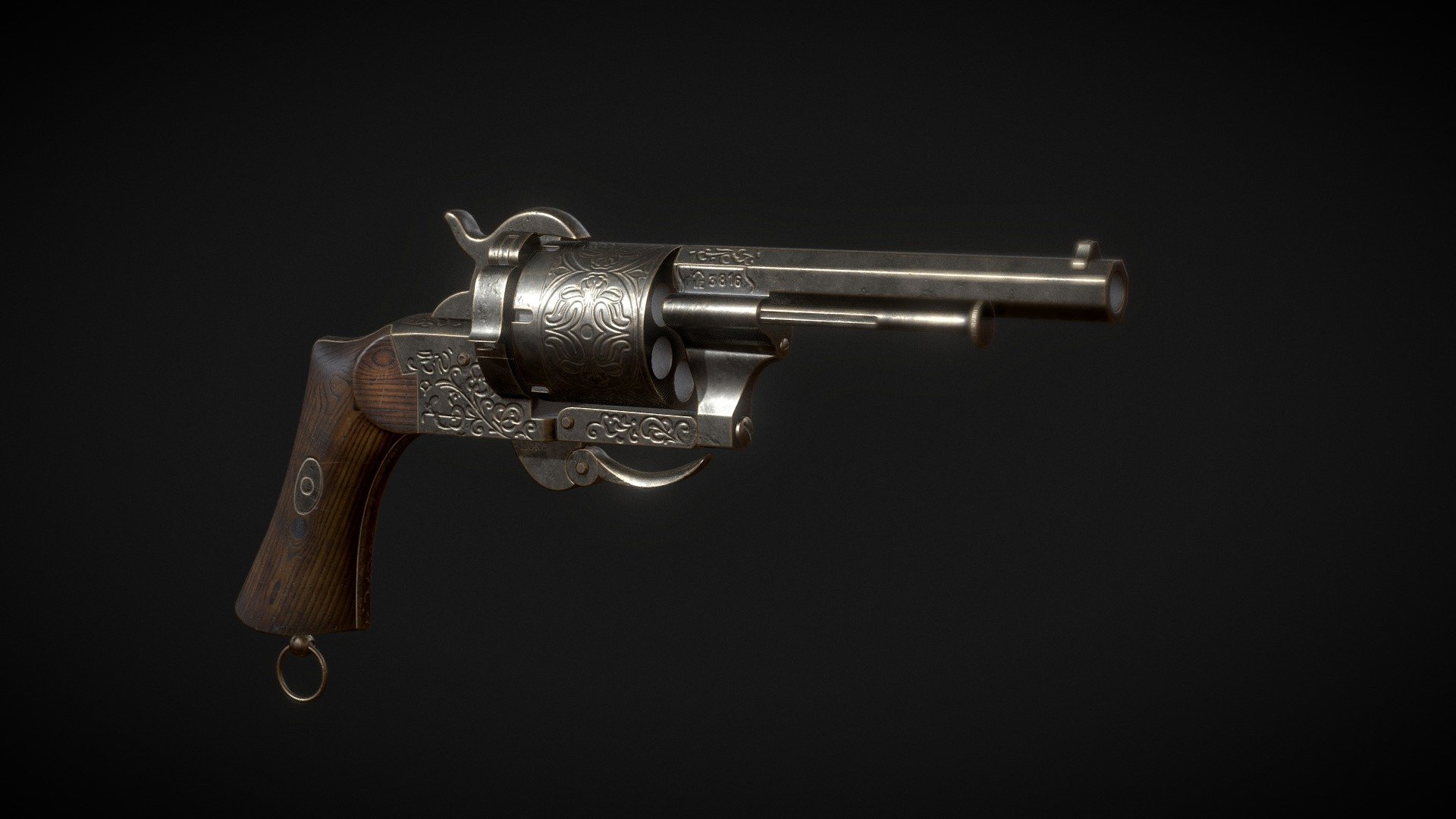 Ornamental Lefaucheux based on https://www.antiquepistols.co/project/le-forshew-pocket-7mm/.
Modeled in 3Ds Max and textured in Substance Painter 3d model