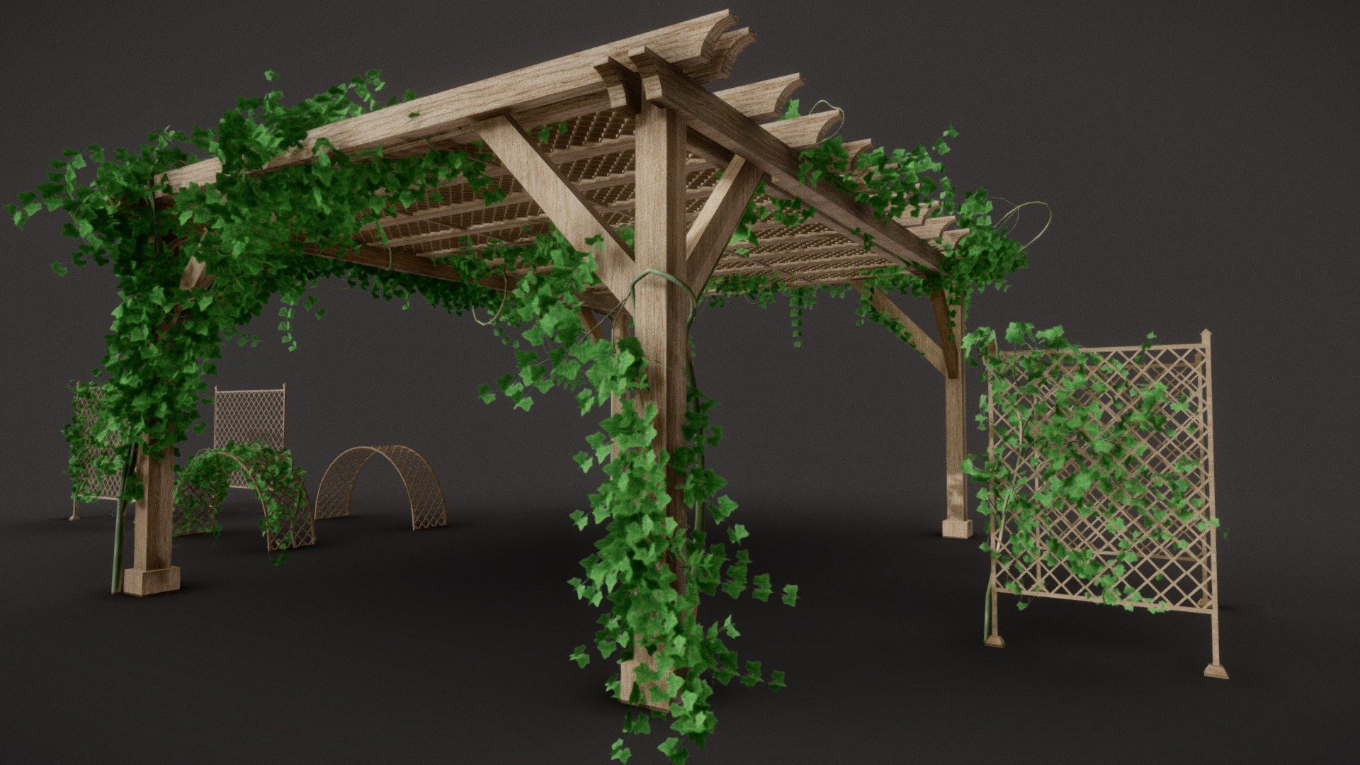 Garden Lattice And Pergola with 4k and 2k textures with vines/ivy.
All the Textures and blend files also included in the additional files.
What you'll get :-
* 5 variety of garden lattice which you can translate, rotate, scale and duplicate according to your requirements.
* 5 variety of garden lattice with vines on it.All the objects are seperated form each other like mesh,leaves and branches are grouped together but are seperated for further treatment.
* you can reuse the vines in your other assets .
* 1 Pergola with vines on it
Thank You! - Garden Lattice And Pergola with Vines/Ivy - Buy Royalty Free 3D model by Nicholas-3D (@Nicholas01) 3d model