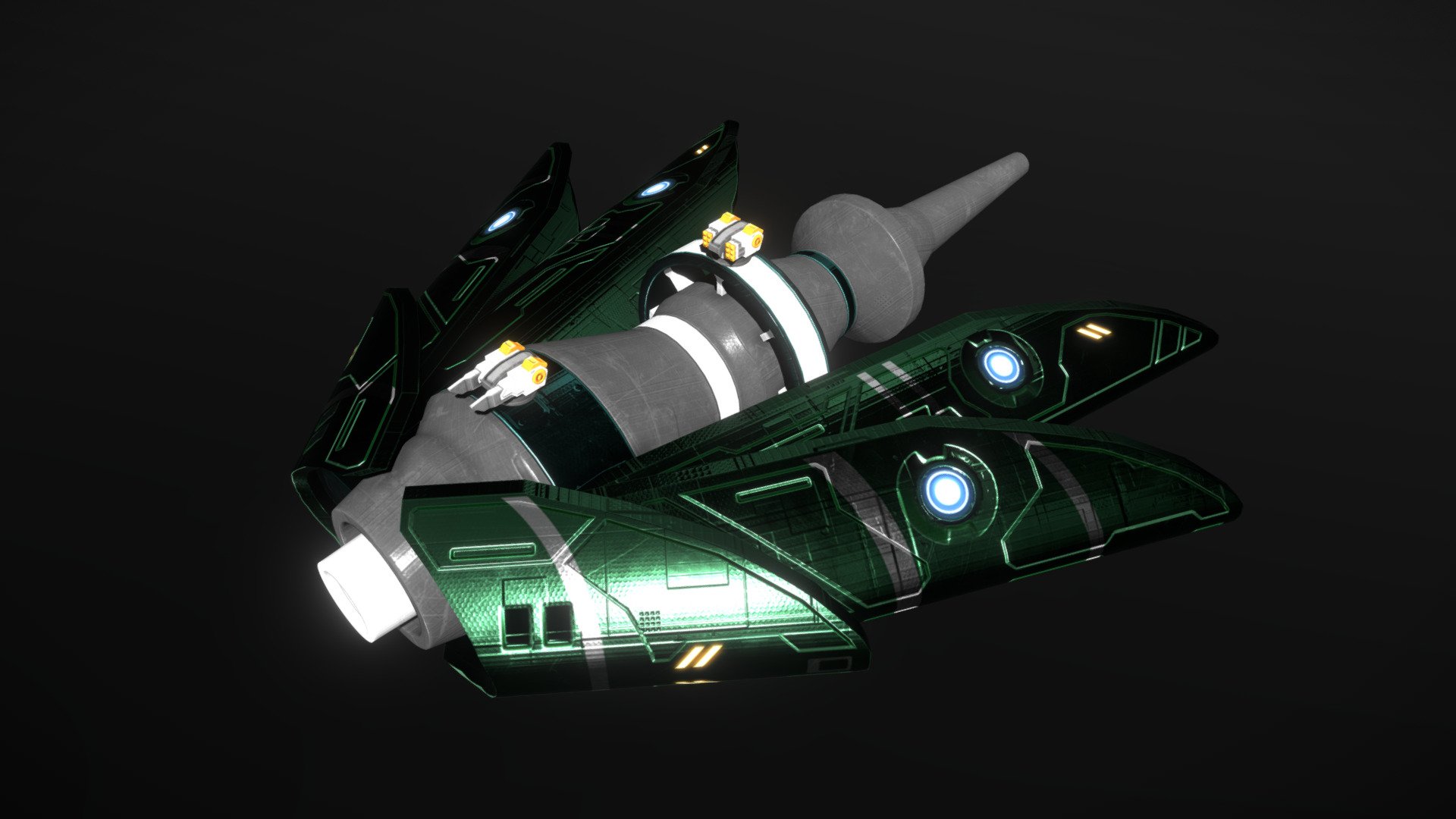 This is a model of a low-poly and game-ready scifi spaceship. 

The weapons are separate meshes and can be animated with a keyframe animation tool. The weapon loadout can be changed too.

The model comes with several differently colored texture sets. The PSD file with intact layers is included.

Please note: The textures in the Sketchfab viewer have a reduced resolution to improve Sketchfab loading speed.

If you have bought this model please make sure to download the “additional file”.  It contains FBX and OBJ meshes, full resolution textures and the source PSDs with intact layers. The meshes are separate and can be animated (e.g. firing animations for gun barrels, rotating turrets, etc) 3d model