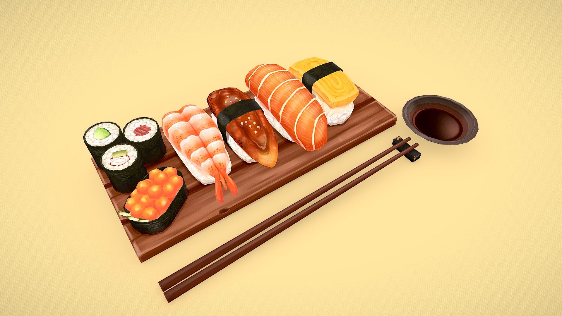 Hello hello ! Entry number 4 ! Yey ! 
The prompt for this asset, modeled in Blender and textured in Substance Painter, is “FISH” 🐟 and OF COURSE I had to do sushi (And now I am hungry)

See y’all for the next entry; “WILD” 😈 - Chill-tober #4 - Sushi - 3D model by eri-se 3d model