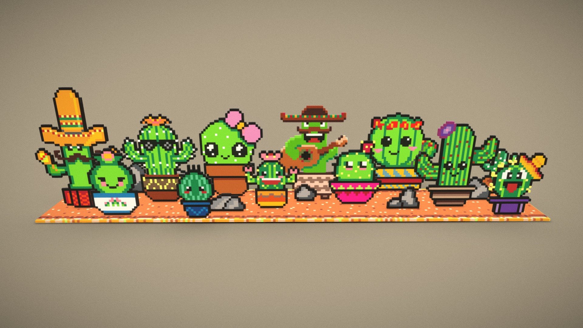 Pixel / Voxel Art ready to use!

Cactus (plural cacti, cactuses) is a member of the plant family Cactaceae, this diorama represents them in Kawaii Style!

Kawaii (lovely, loveable, cute or adorable) is the culture of cuteness in Japan. It can refer to items, humans and non-humans that are charming, vulnerable, shy and childlike.

The cuteness culture, or kawaii aesthetic, has become a prominent aspect of Japanese popular culture, entertainment, clothing, food, toys, personal appearance, and mannerisms

Model created with multifunctional design, it has been created with individual cubes (Voxels) to handle completely. Even DYI craft them with Fuse Beads (Hama, Perler, Artkal, etc.), 3D Print or assemble with Construction Blocks (Lego, Megablocks, Everblock, Pix Brix, etc.) , wood blocks or any other material.

Do you like it? I appreciate if you follow us, leave a comment and share with others. Thanks! ;) - Cactus Family Kawaii Pixel / Voxel - Buy Royalty Free 3D model by Código Píxel (@codigopixel) 3d model