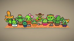 Cactus Family Kawaii Pixel / Voxel