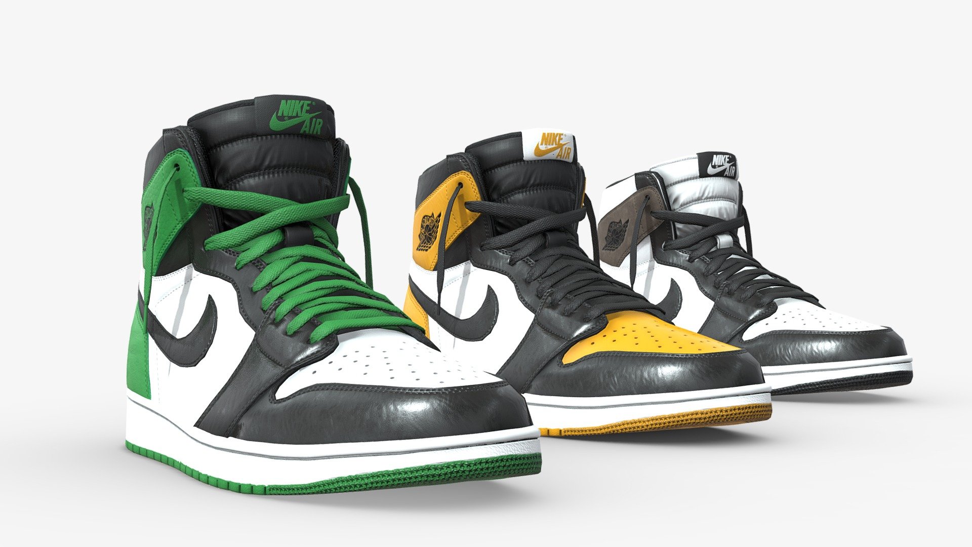 Modelled in Blender and textured in Substance, this is an updated version of my Jordan 1. Featuring a nicer overall silohouette and better stitching, along with other subtle improvements. This pack contains three colourways, Lucky Green, Taxi, Mocha. 

The shoes are relatively low poly, coming it at 21,601 faces per shoe (43,202 per pair) and uses 1 texture set for both left and right shoes. Textures are: Base Color, Metallic, Normal, Roughness, AO and all at 4096x4096

In the additional files you'll find textures for the left shoe, along with blender, obj, and fbx files

(The dangling laces are not connected to the main mesh and can be deleted if so desired) - Air Jordan 1 Low Poly Triple Pack - Buy Royalty Free 3D model by Joe-Wall (@joewall) 3d model