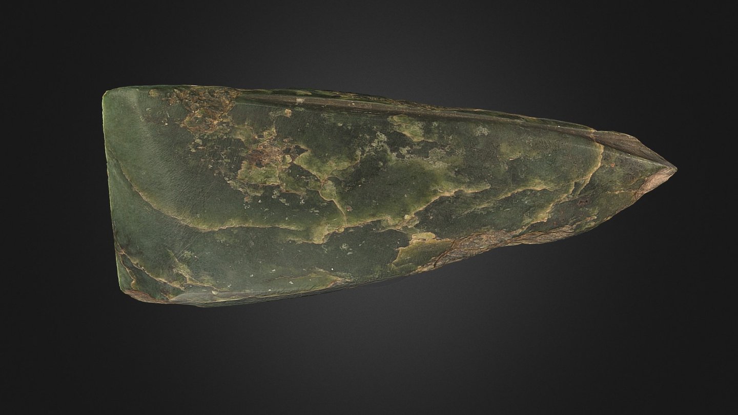 This Pounamu Toki (nephrite jade or greenstone adze) from the South Island of New Zealand was donated to Stromness Museum in the late 19th or early 20th century by an Orcadian living in Twatt, West Mainland. It is a mystery how this artefact came to be in Orkney, but in the 19th century Orcadians were great seafarers and many travelled to the South Seas on whaling ships.

The grooves along the side of this adze provide an insight into how this extremely hard material was cut and shaped. A great deal of time was expended on the surface finish and a mirror polish has been achieved over most of the surface.

Model by Dr Hugo Anderson-Whymark for a Leverhulme Trust funded project ‘Working stone, making communities: technology and identity on prehistoric Orkney’.

L:146mm, B:54mm, T:15mm.

Stromness Museum. E169 3d model