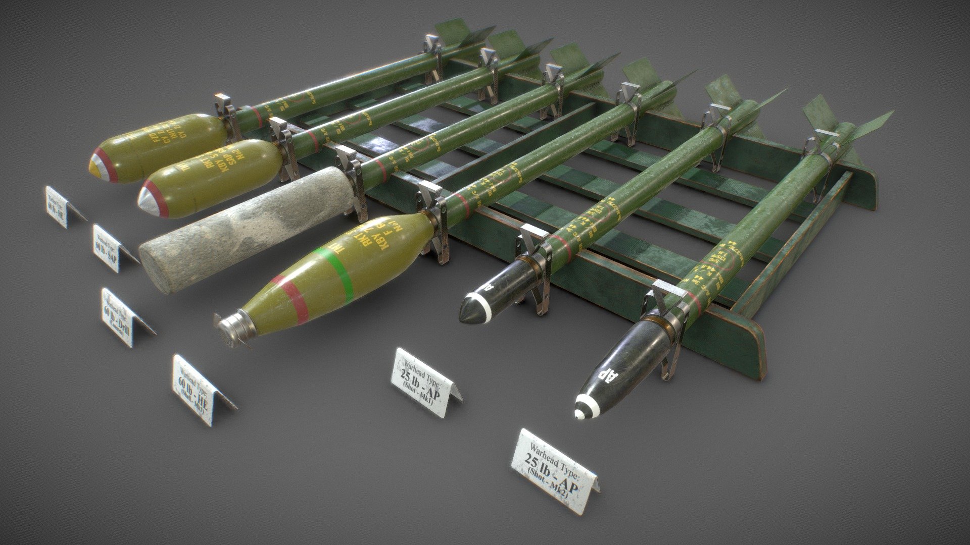 Gameready models set. 
6 RP-3 3inch Aircraft Rockets with different warhead types laying on wooden stand. Textures are in 4k resolution 3d model