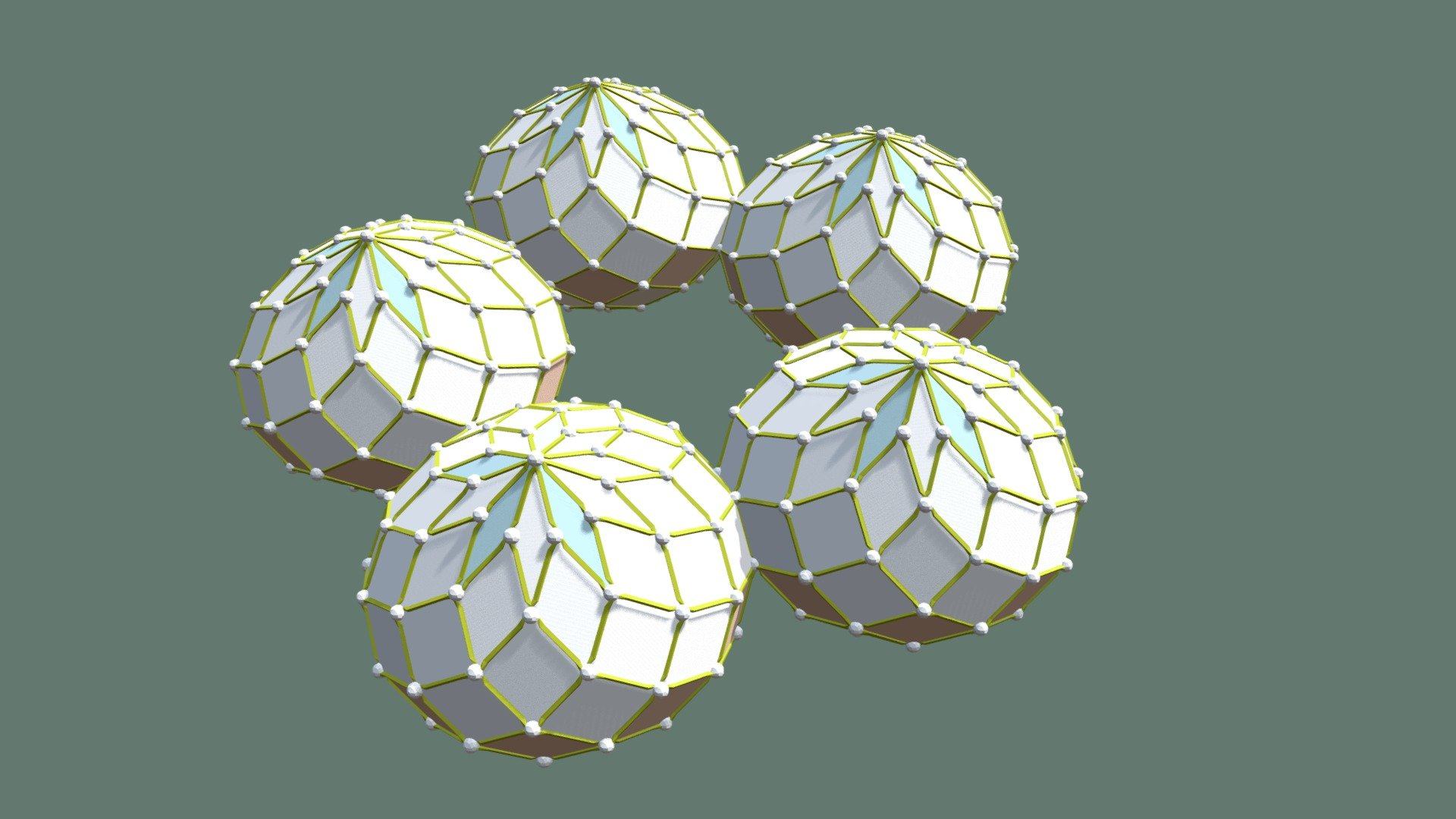 Each of the 5 zonohedra share a single face with their neighbor. Each zonohedron has 90 faces, 180 edges and 92 vertices.

This model was made with vZome. The vZome file is in the download 3d model