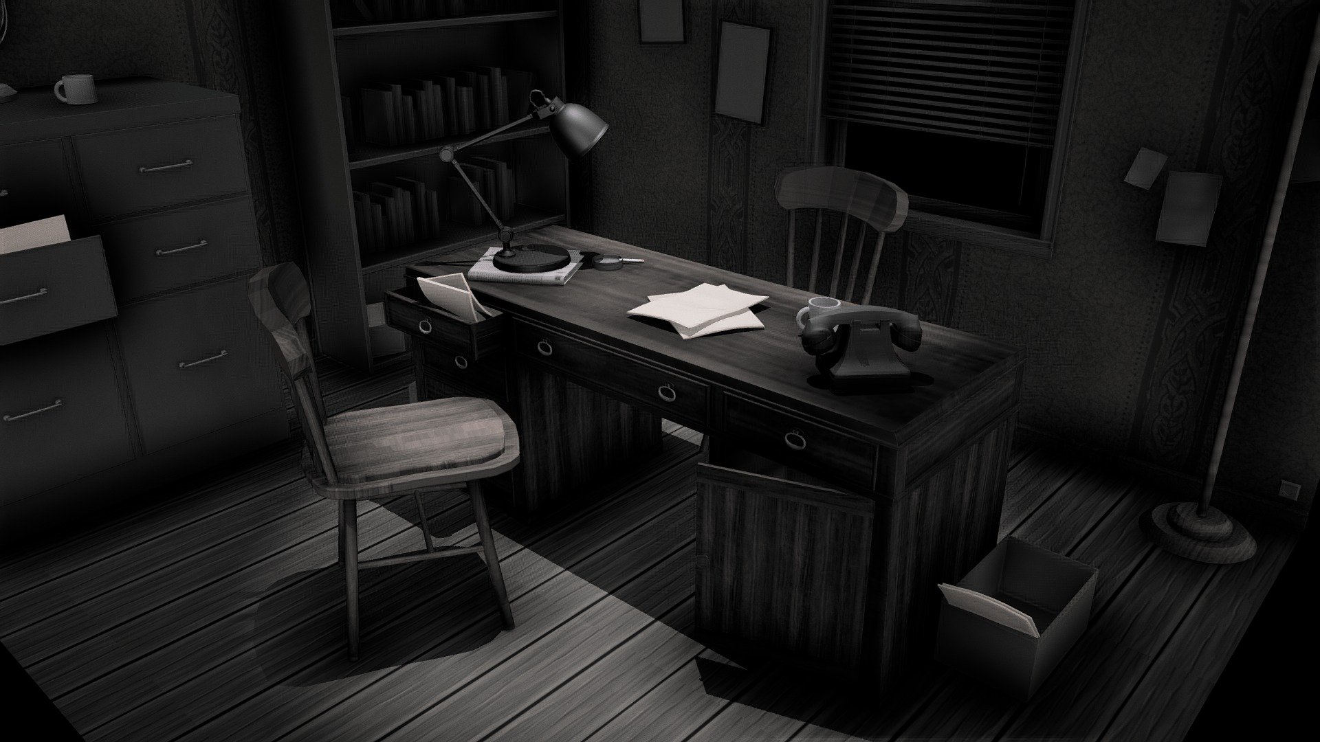 Small scene of a detective office in a film noir style

Music credits : https://www.youtube.com/watch?v=xMgt9NqZM0I - Investigator Office - Download Free 3D model by Vincent (@vboichut) 3d model