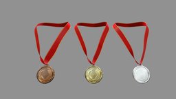 Gold Silver Bronz Hang Around Neck Medals red, bronze, silver, medal, realistic, real, olympics, championship, ribbon, hang, around, metaverse, pbr, low, poly, female, male, gold