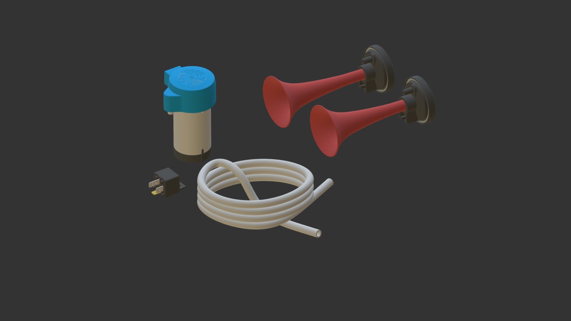 Air horn complete with electric compressor, combined sound. Two plastic trumpets, complete with relay, tubing and fixing hardware 3d model