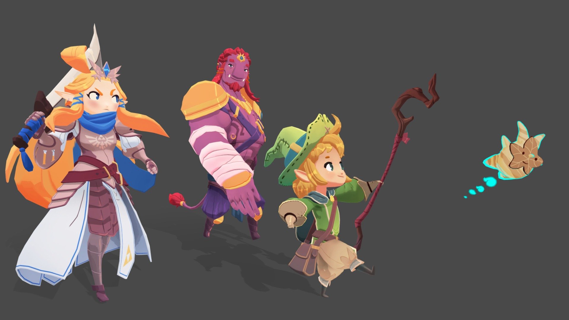 See the full breakdown here https://www.artstation.com/artwork/8bBLLR

3D fanart of the wonderful character re-designs of Zelda, Link, and Gannondorf by Toby Allen (see more of his work here)

In this re-imagining, the triforces are swapped so Zelda is Power, Gannondorf is Courage, and Link is Wisdom.  From the descriptions and comments surrounding the original designs, these three are not sword enemies but unlikely allies at least for some part of the story.

I sculpted, modeled, UV'd, textured, rigged, and animated these 3 over about 2 months of after-work free time 3d model