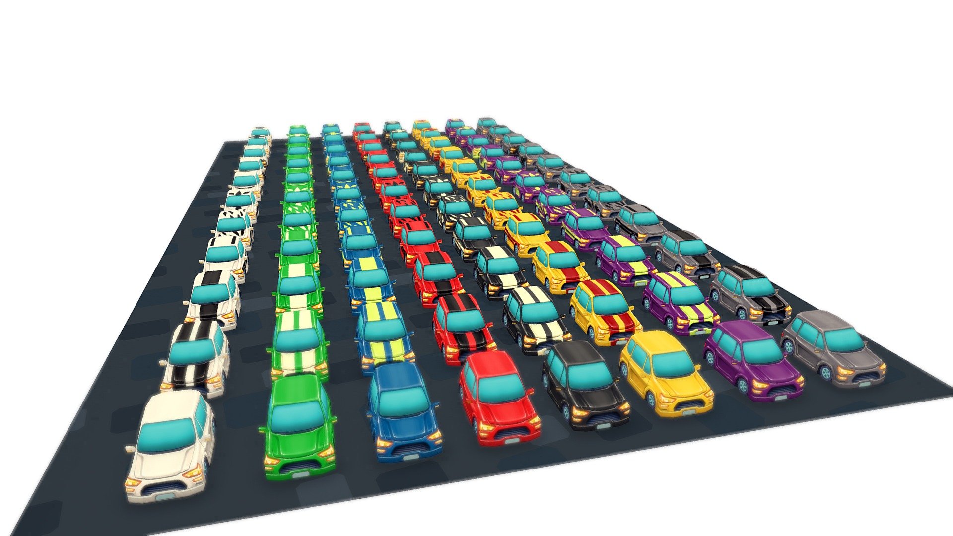 set of racing cars using 88 color variations.
designed for mobile games, with a very small polycount.
texture hand painted for shadeless, matcap material or more simple light setups.
*  each car in one fbx with a different material assigned.
*  256 triangles per car.
*  8 colors + 10 decals.
* textures in 1024, 512, 256.
* psd file organized to anyone edit and create your own colors and any other modification.
* RGB mask texture for each decal if one want to make color costumization by shader in game engine 3d model