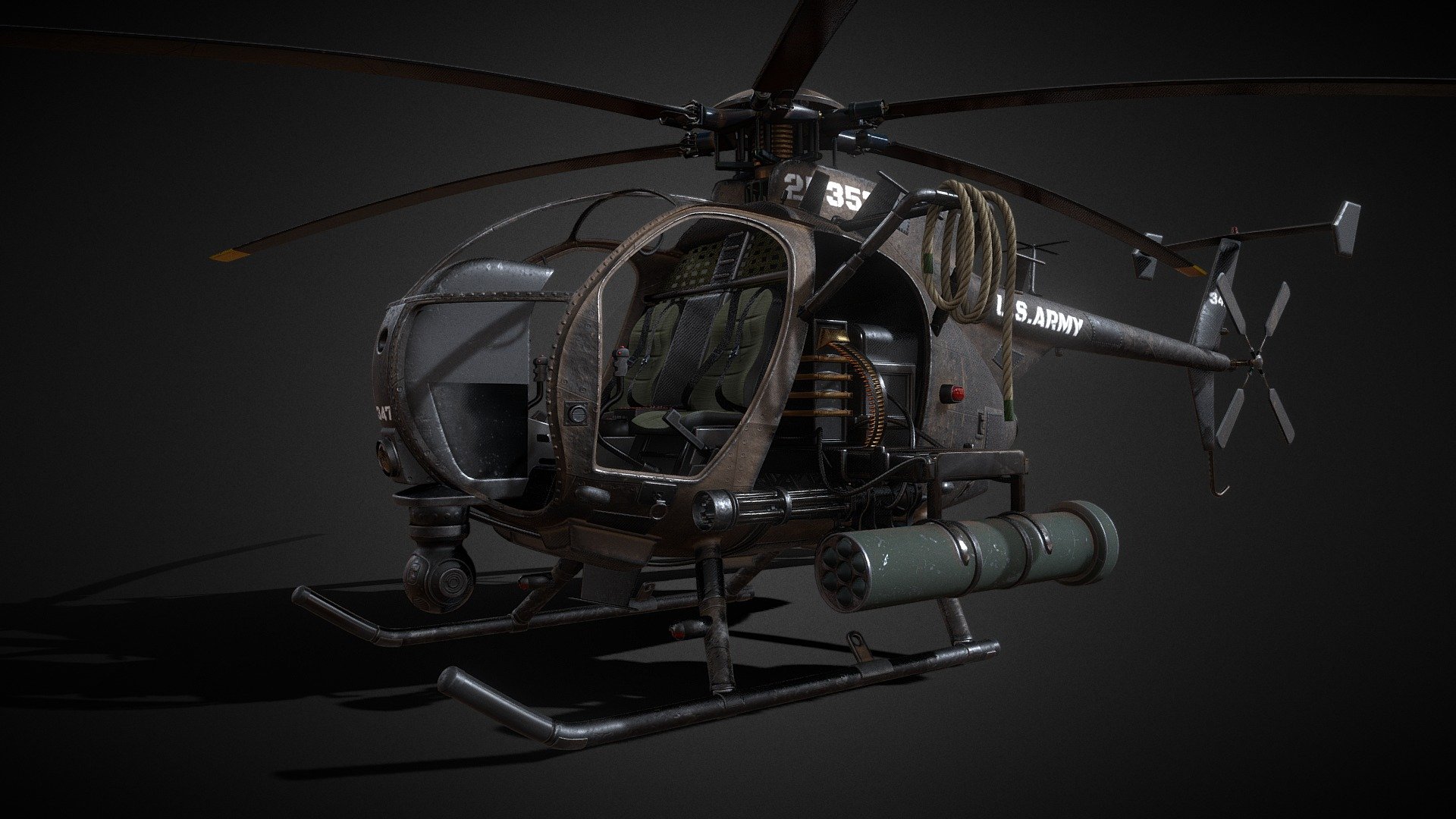 Attack Military Helicopter (MH6 Little Bird)

This model is made in blender version 3.4

No animation

PBR Texture (Metallic)

4096x4096px png/jpg textures, including Albedo, Normal, Ambient Occlusion, Metallic, Roughness and Emissive maps

Note: 
1. This model is divided into 5 different parts, which means a 4K texture for each part of the helicopter
2. In additional files you can find glass parts for this model without texture

Others:

You can also check out my newly released Survival Horror Starter Pack with 16 unique models and their variations. Check it out Here

Where to follow my art? Check this awesome page.

I will be very happy for a review or comment - Attack Military Helicopter (MH6 Little Bird) - Buy Royalty Free 3D model by Jakub (@jakub.iv) 3d model