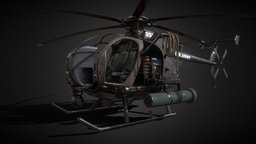 Attack Military Helicopter (MH6 Little Bird) modern, assault, soldier, army, detailed, used, dirty, combat, tactical, camouflage, game-ready, military-gear, game-ready-asset, weapons, military, helicopter, war, detailed-model