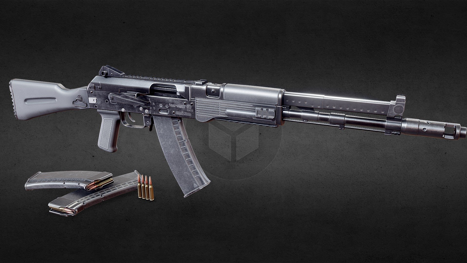 Details:





This is a model of an AK-107 created for games.




Created in Maya 2020. Textured in Substance Painter.




Includes Substance 3D Painter scene with fully textured model. There you can add your own camouflage or change the existing one.




Contains OBJ, DAE, FBX file formats.




All materials and objects named appropriately.




No n-gons.




Optimized and clean UV.



Texture details:

3 sets of Textures in PNG format 2K and 4K resolution :





Base Textures [ BaseColor - Height - Metallic - AO - Normal_OpenGL - Roughness ]




UE4 [ BaseColor - Normal - OcculusionRoughnessMetallic ]




Unity [ AlbedoTransparency - MetallicSmoothnes - Normal ]




Vray [ BaseColor - Height - Metallic - Normal - Roughness ]



PolyCount without ammo, just the gun :





Verts - 17 382




Faces - 18 326




Tris - 33 645



PolyCount of one ammo is 600 polys, and there is no separate parts like bullet and shell 3d model